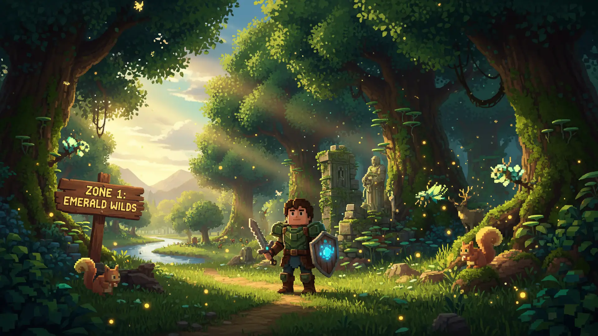 A new player exploring Hytale Zone 1 Emerald Wilds with glowing Memory Sparks drifting near woodland creatures