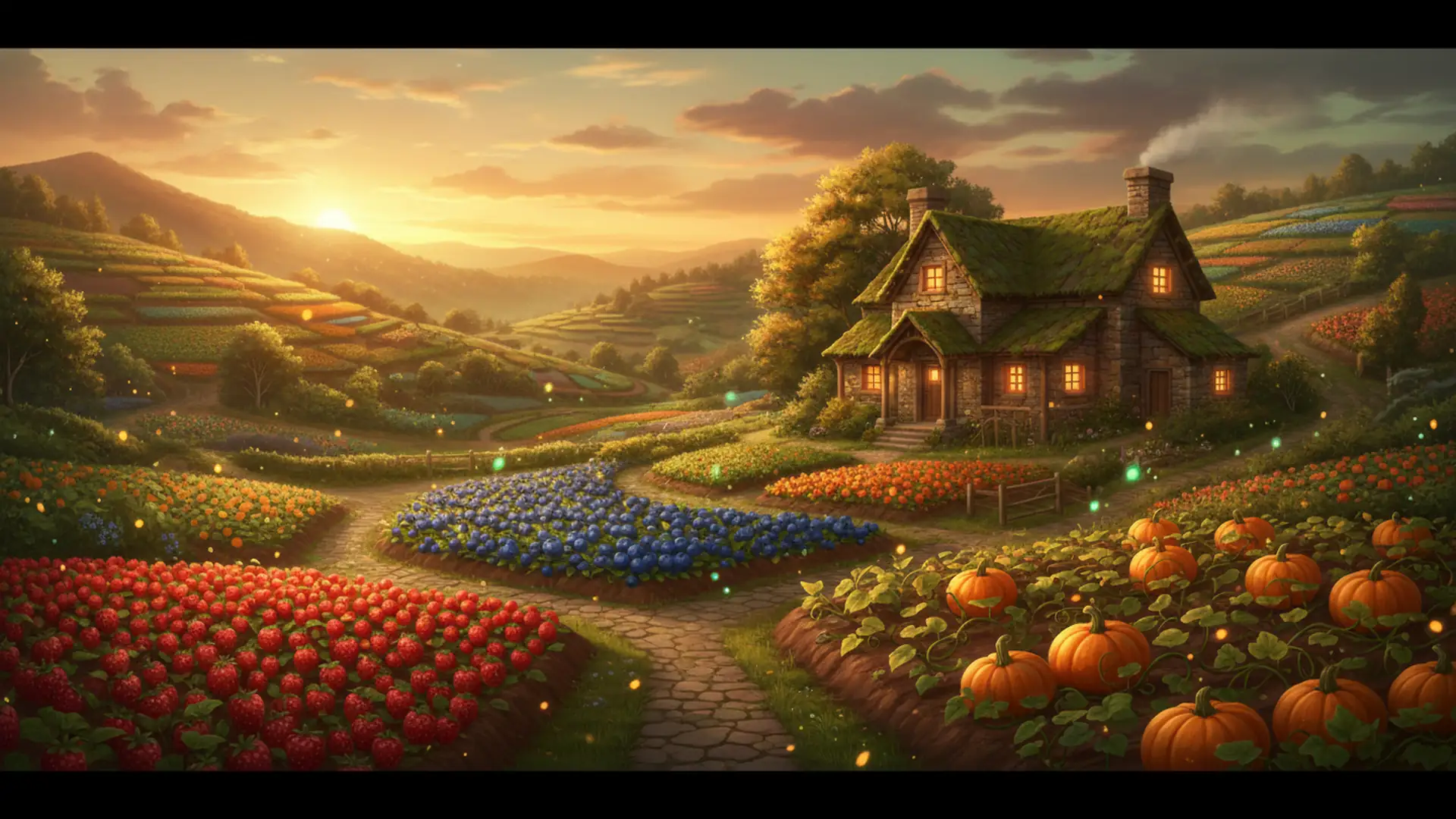 Colourful crop fields on a fantasy farm in Fields of Mistria with strawberries, blueberries and pumpkins at golden hour