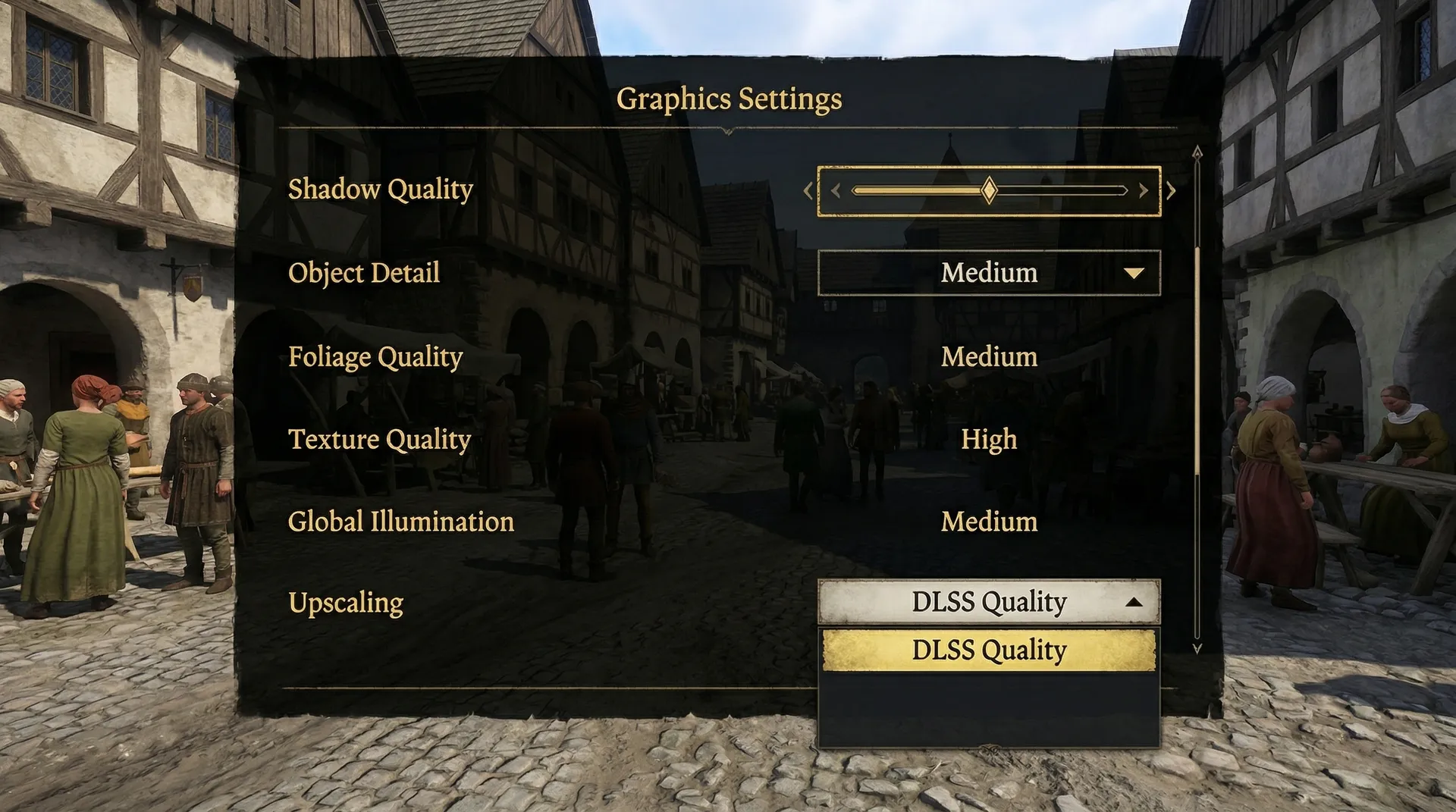 Kingdom Come Deliverance 2 PC graphics settings menu showing Shadow Quality, Object Detail, and upscaling options