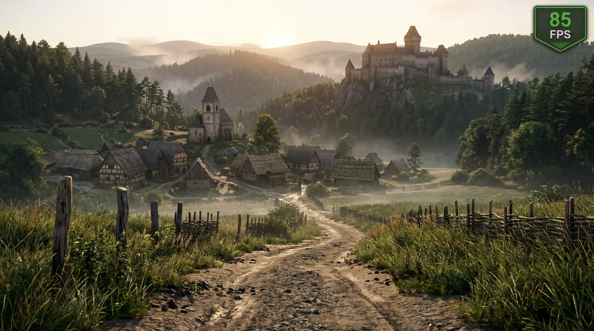 Kingdom Come Deliverance 2 medieval Czech landscape with hilltop castle and village at sunrise running at smooth FPS with optimized PC settings