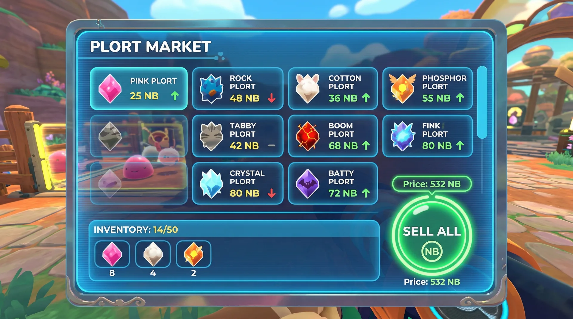 Slime Rancher 2 Plort Market interface showing various plort types with fluctuating prices and the sell button with a selection of cotton pink and fire plorts ready to sell