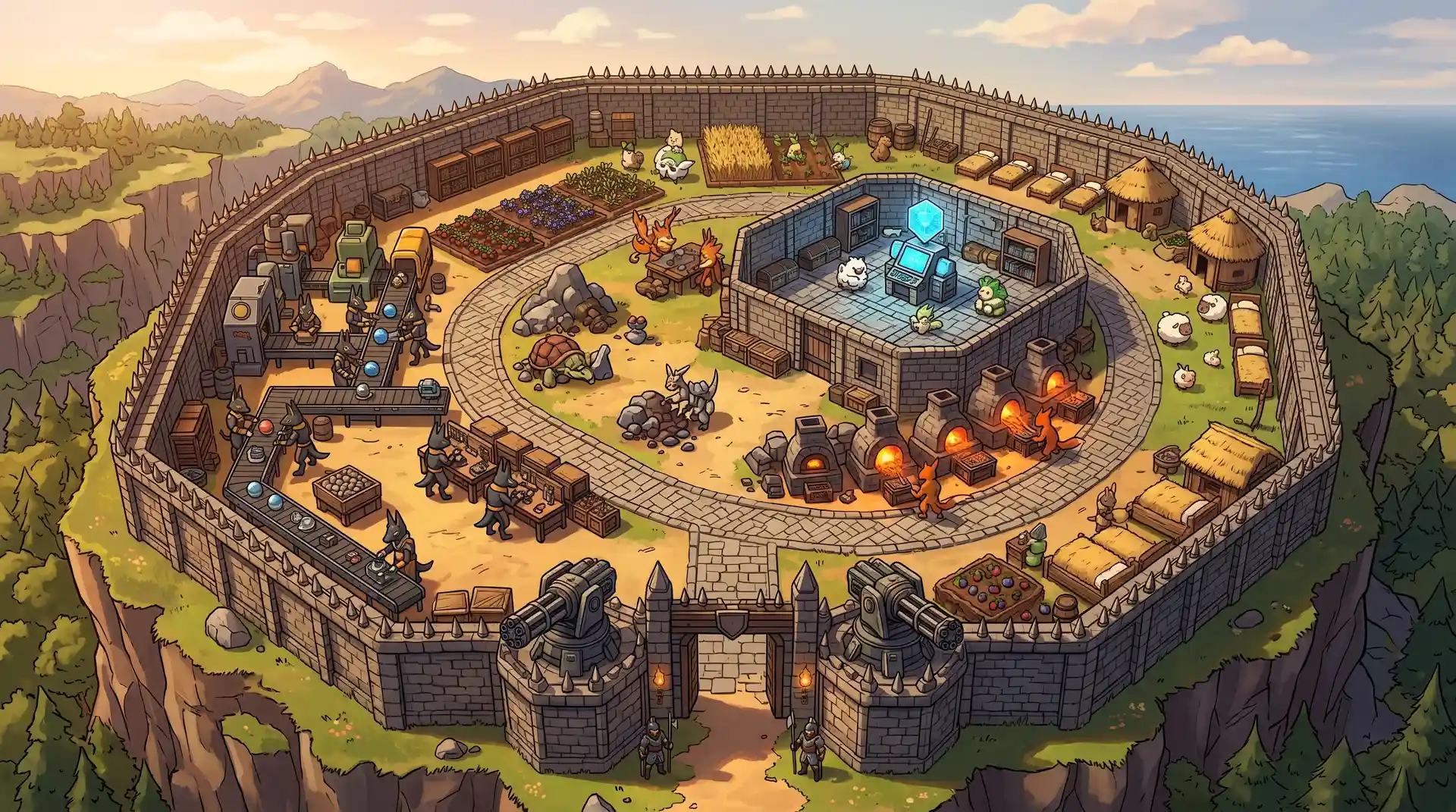 Palworld base building guide 2026: optimized 3-zone layout showing production core, resource ring, and stone defense perimeter