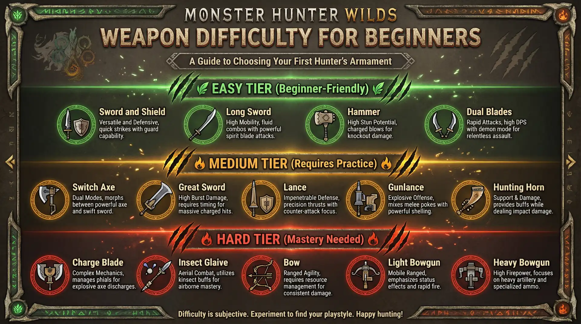 Monster Hunter Wilds weapon difficulty tier list for beginners — easy, medium, and hard to learn weapons ranked