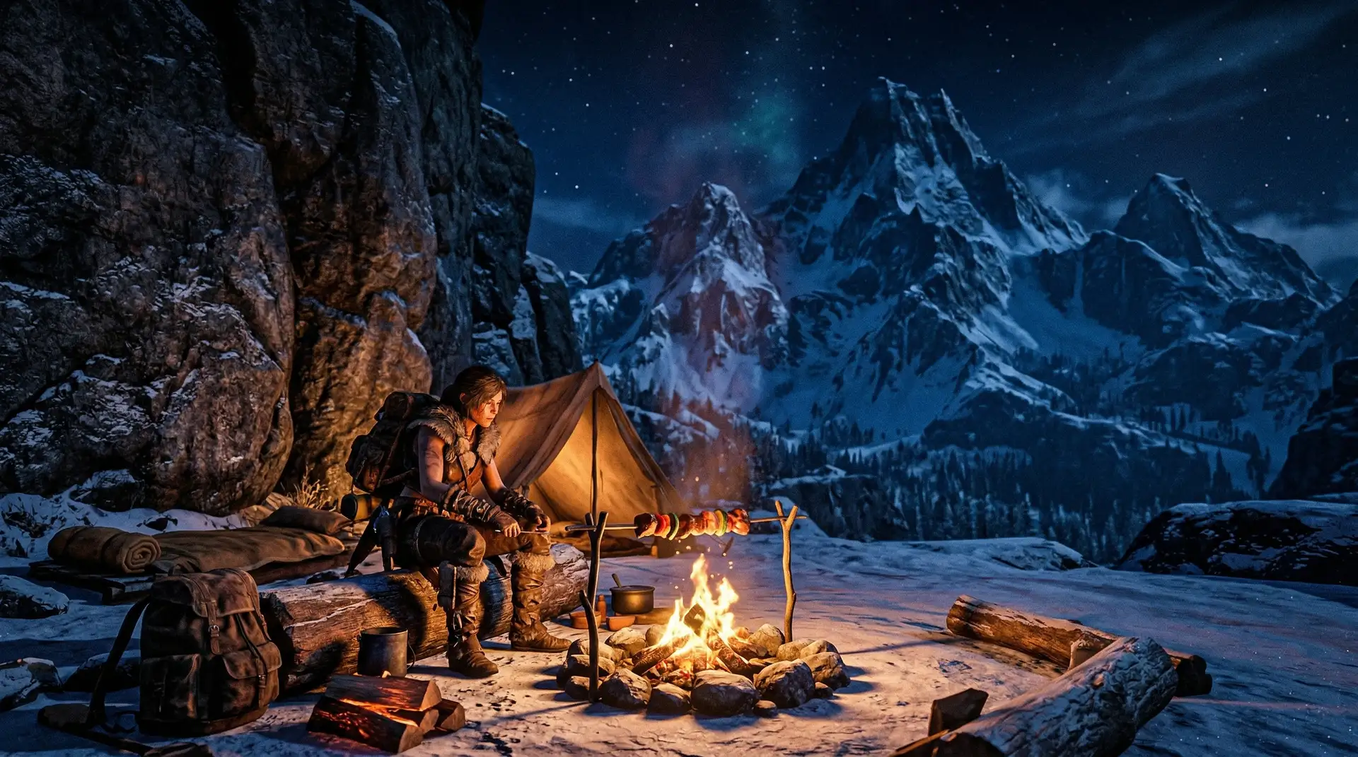 Player cooking food at a campfire in PEAK with snowy mountains in the background