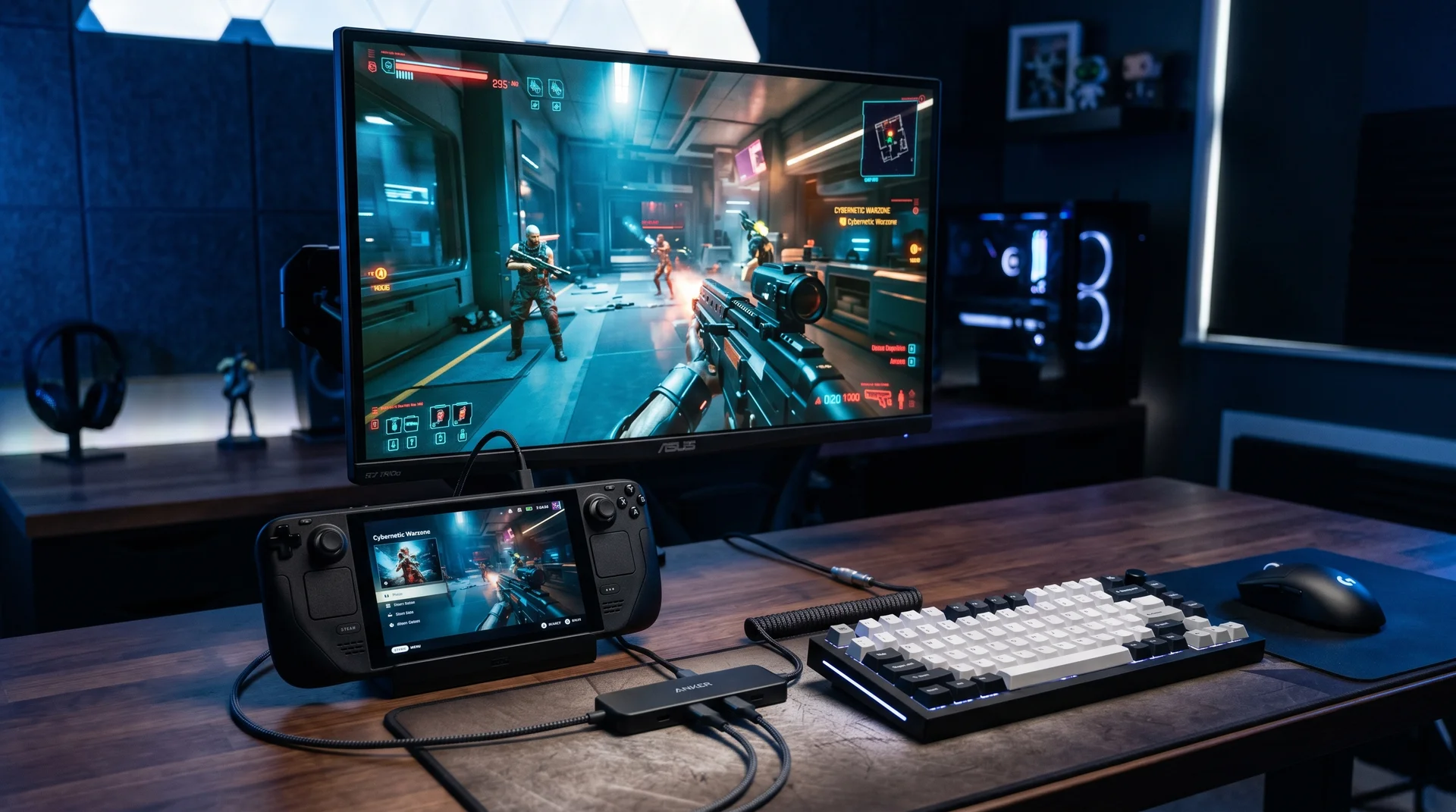 Steam Deck docked with mouse and keyboard for competitive CS2 play