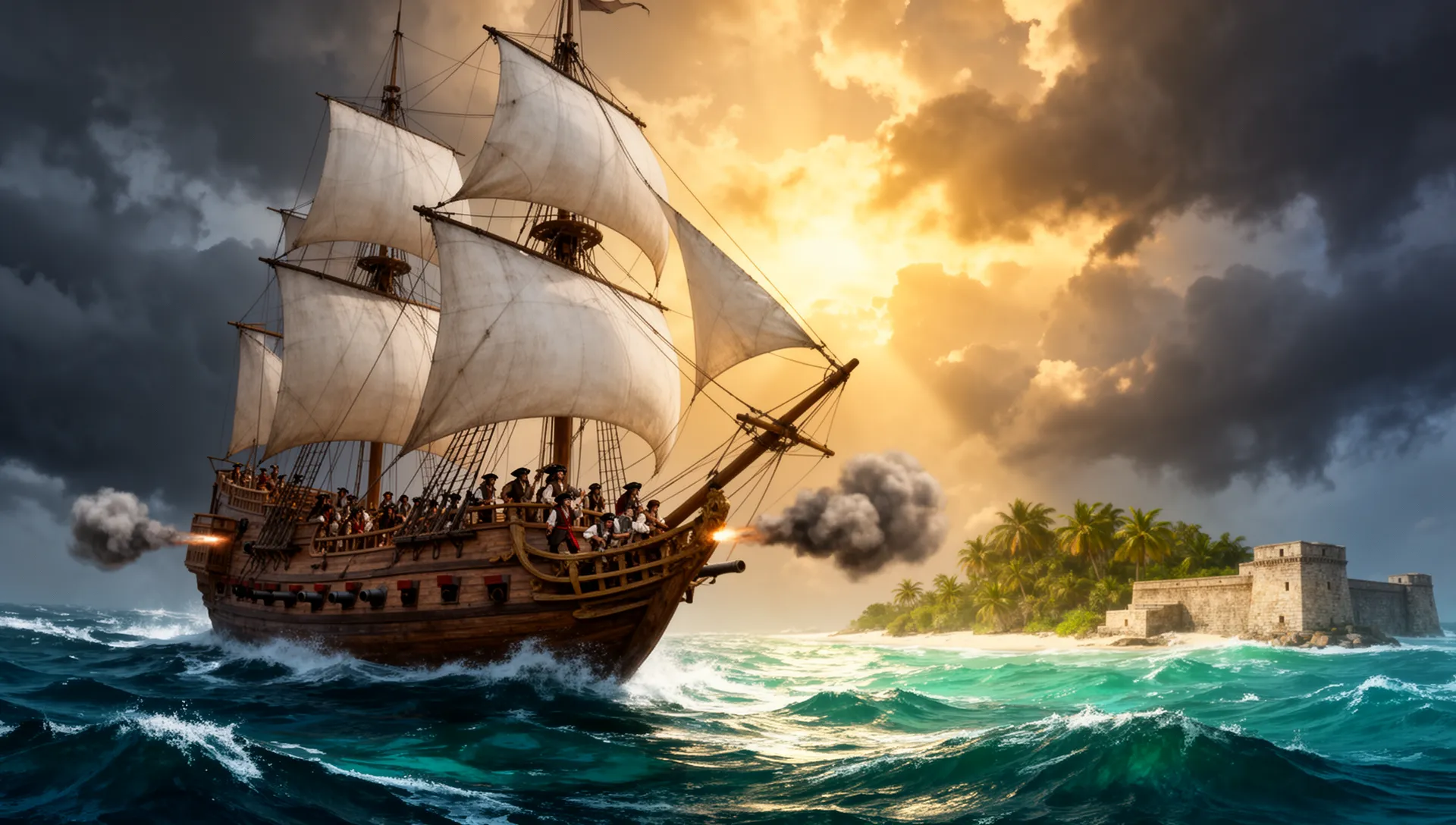 Windrose beginner guide 2026 — galleon ship under full sail approaching an island base in the pirate survival Early Access game