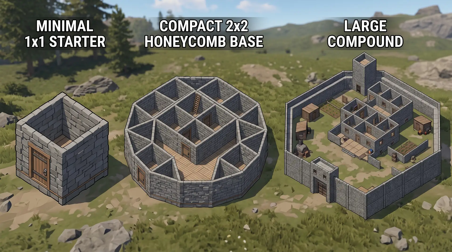 Rust base design comparison showing 1x1 starter, 2x2 bunker with honeycomb layer and clan compound layouts at the same scale