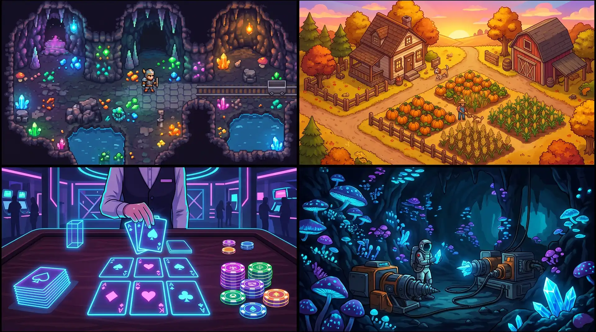 Budget gaming picks under $20 with 100+ hours each — Terraria underground cave, Stardew Valley farm, Balatro card table, Deep Rock Galactic alien cave