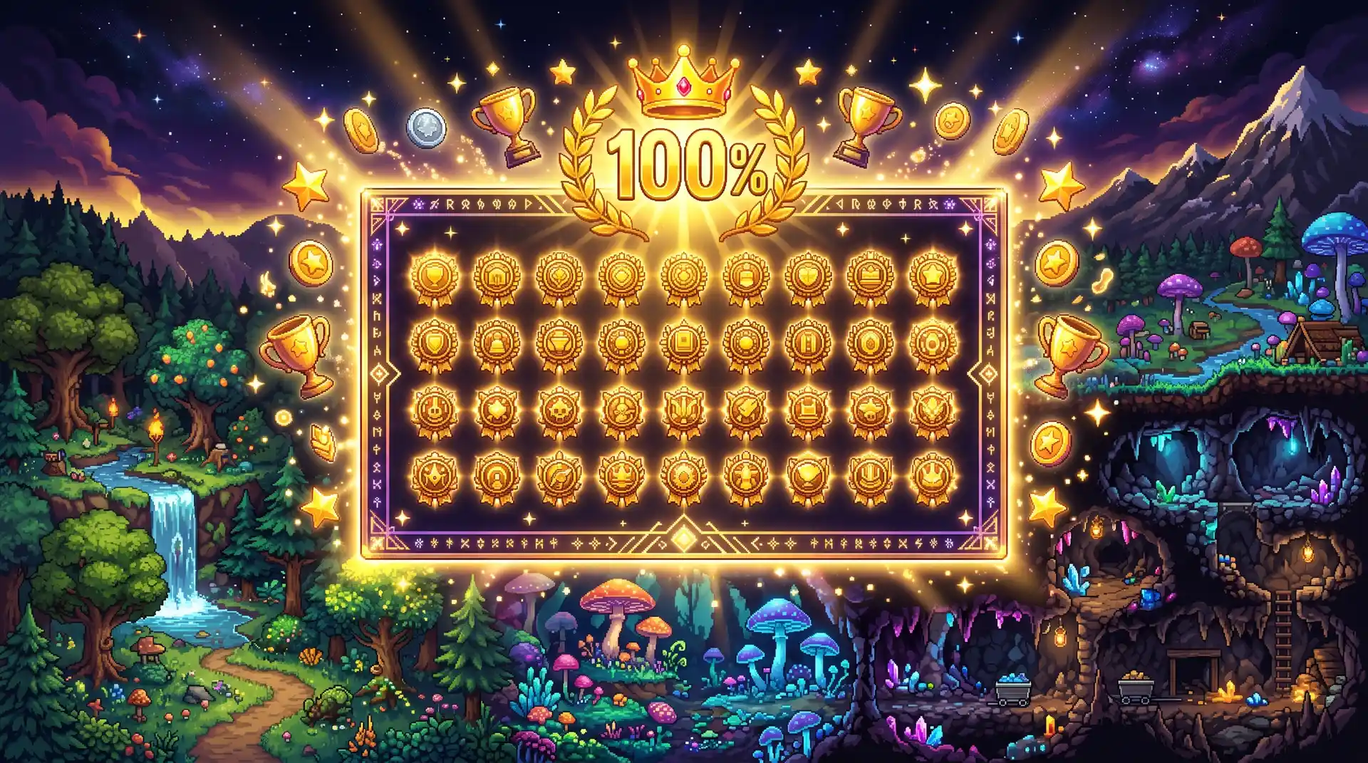 Best games for completionists 2026: glowing 100% achievement screen with all badges unlocked