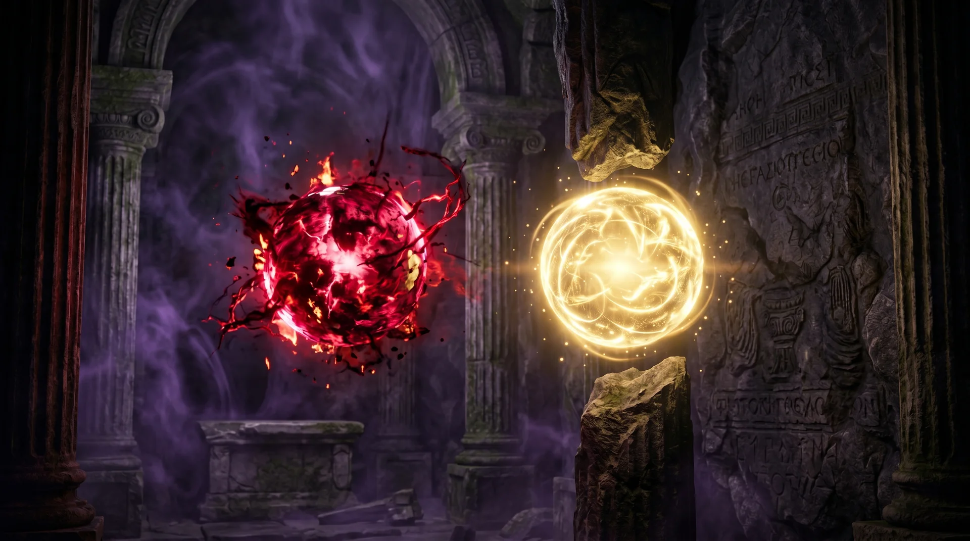 Hades 2 chaos gate curse and blessing duality shown as two glowing orbs in the underworld realm