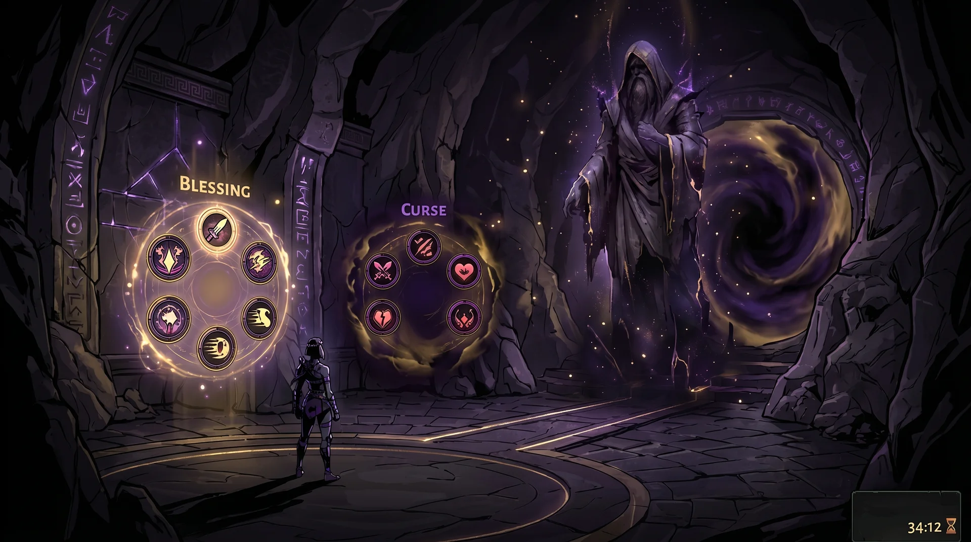 Hades 2 chaos gate room showing blessing and curse selection menu with Chaos deity visible in background