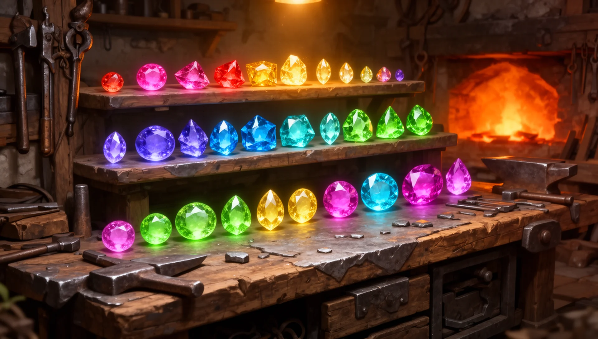 Monster Hunter Wilds decoration jewels arranged by slot size on a smithy workbench