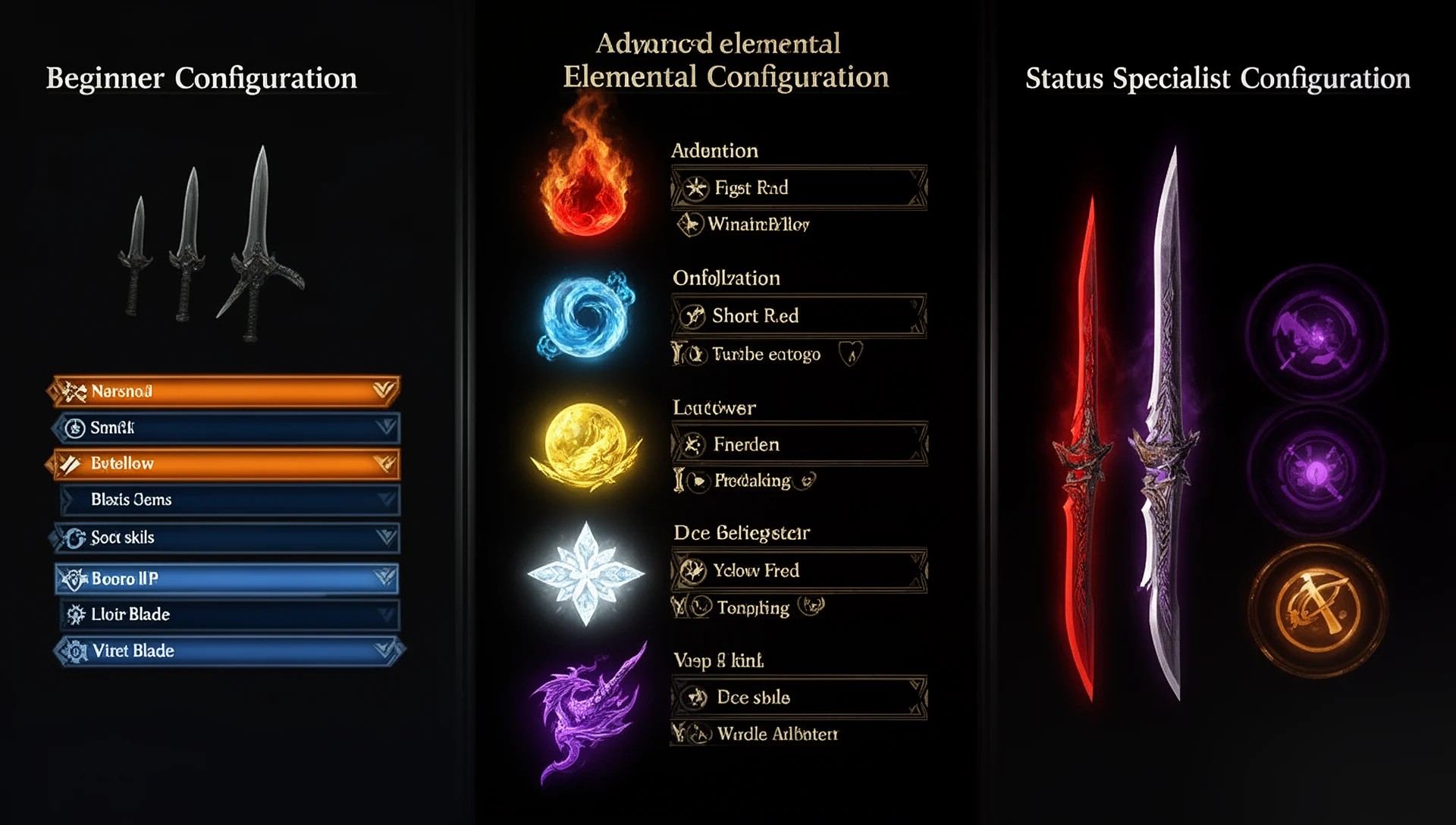 MHW Wilds dual blades build comparison — Beginner Demon Mode, Elemental Endgame with five elements, and Status Specialist with paralysis and blast rotation