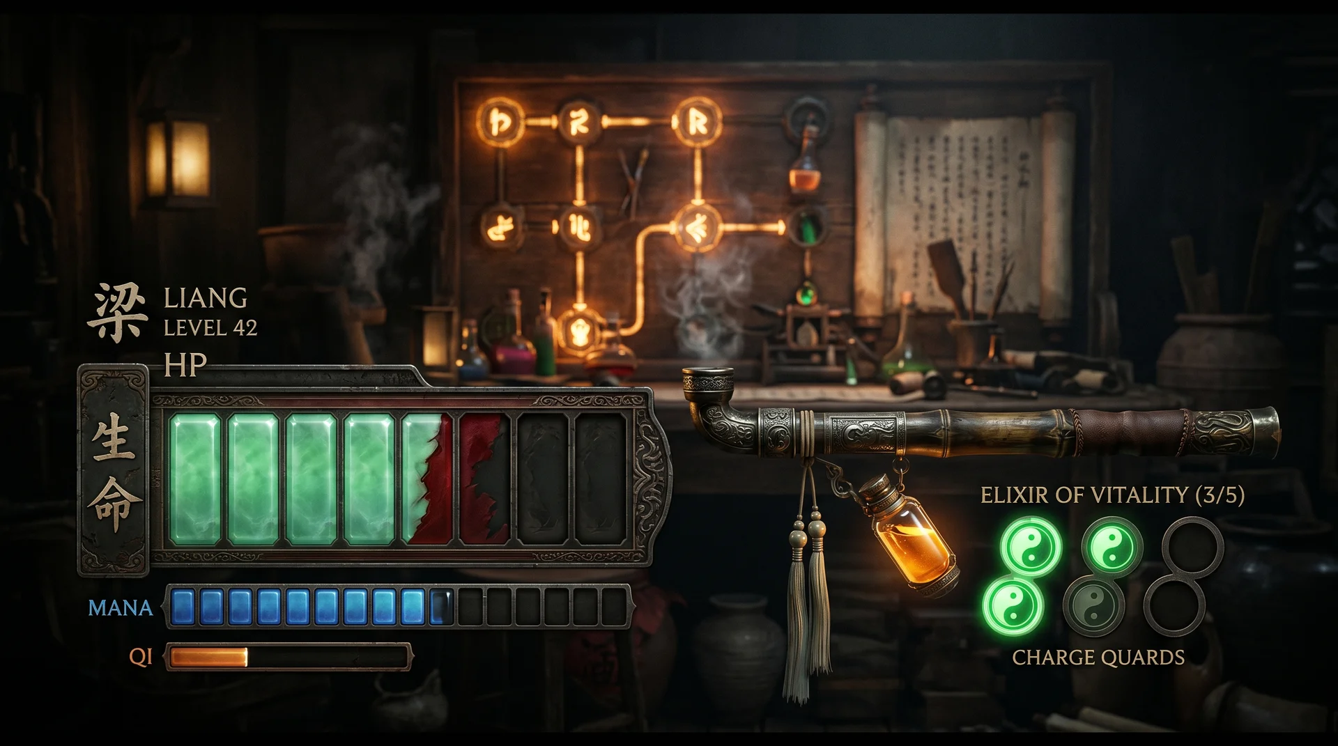 Nine Sols Medicine Pipe charges and health bar showing internal damage section
