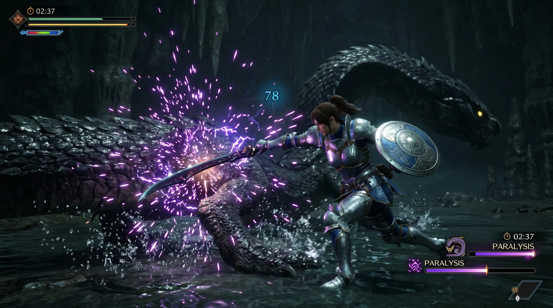 Monster Hunter Wilds Sword and Shield hunter mid-Perfect-Rush combo against Mizutsune with paralysis particles forming