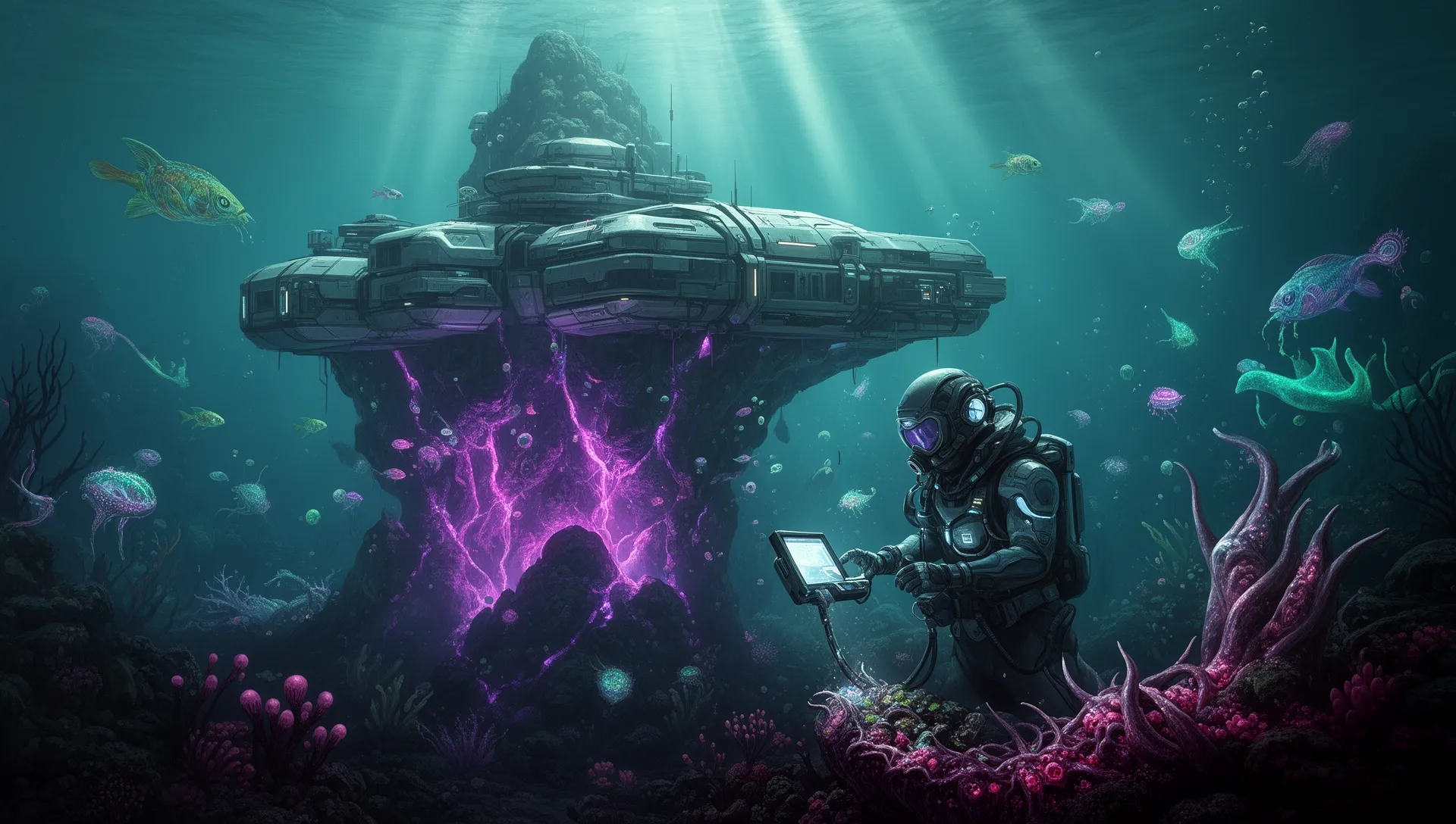 Subnautica 2 Early Access underwater base with bioluminescent alien creatures and DNA sample collection