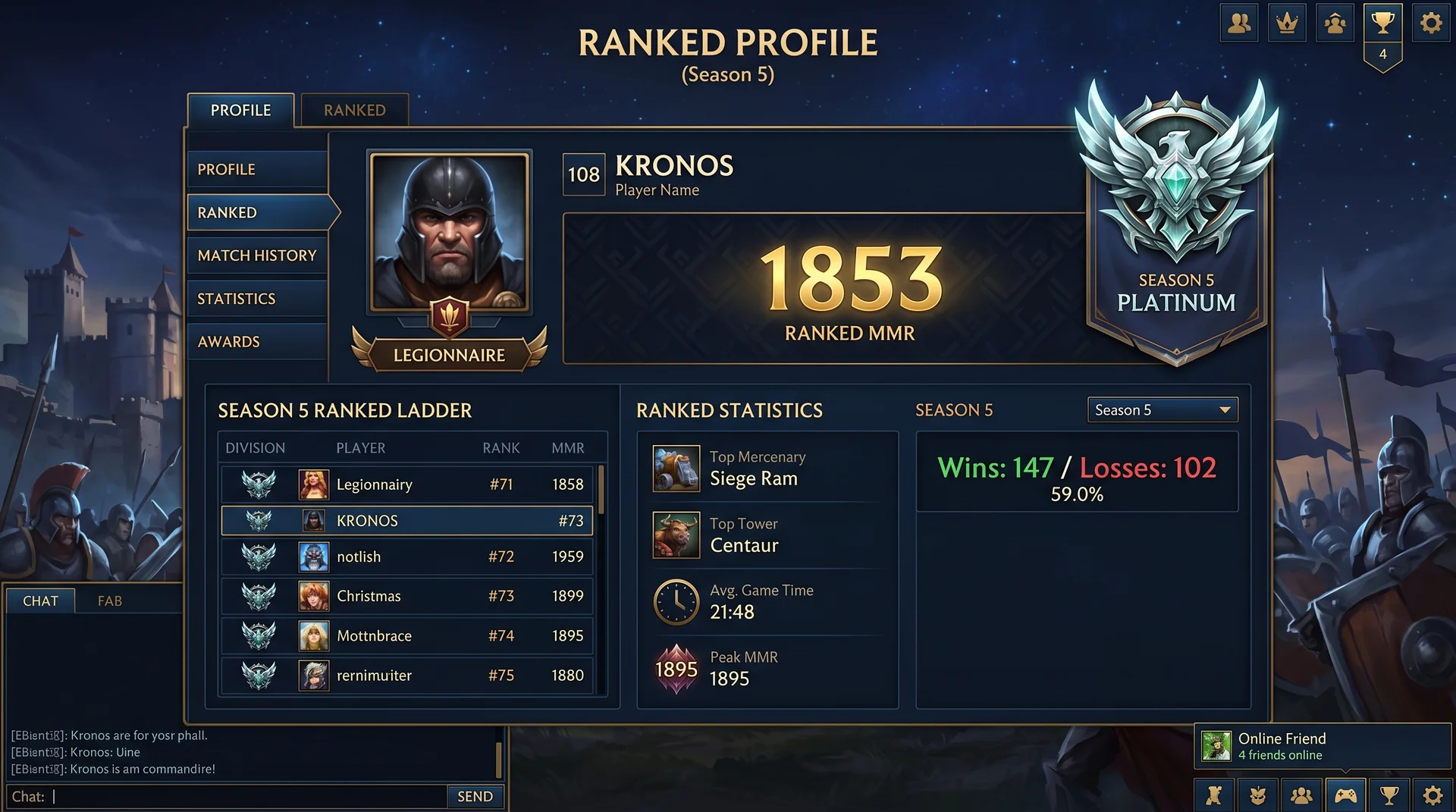 Legion TD 2 ranked ELO ladder screen showing player rank, win/loss record and current MMR with seasonal badge visible