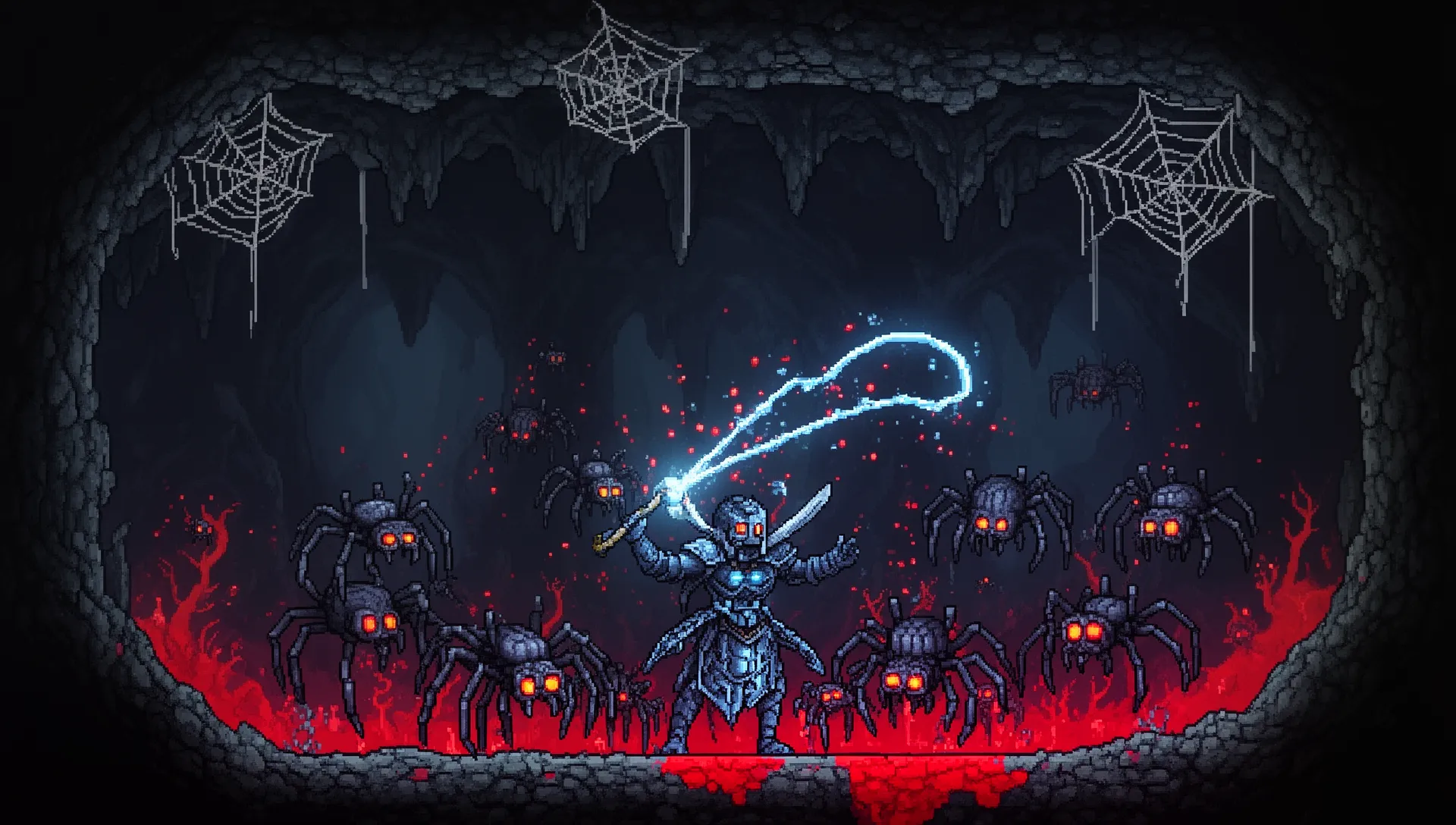 Terraria Summoner in Spider Armor with spider minions in a Hardmode underground cave