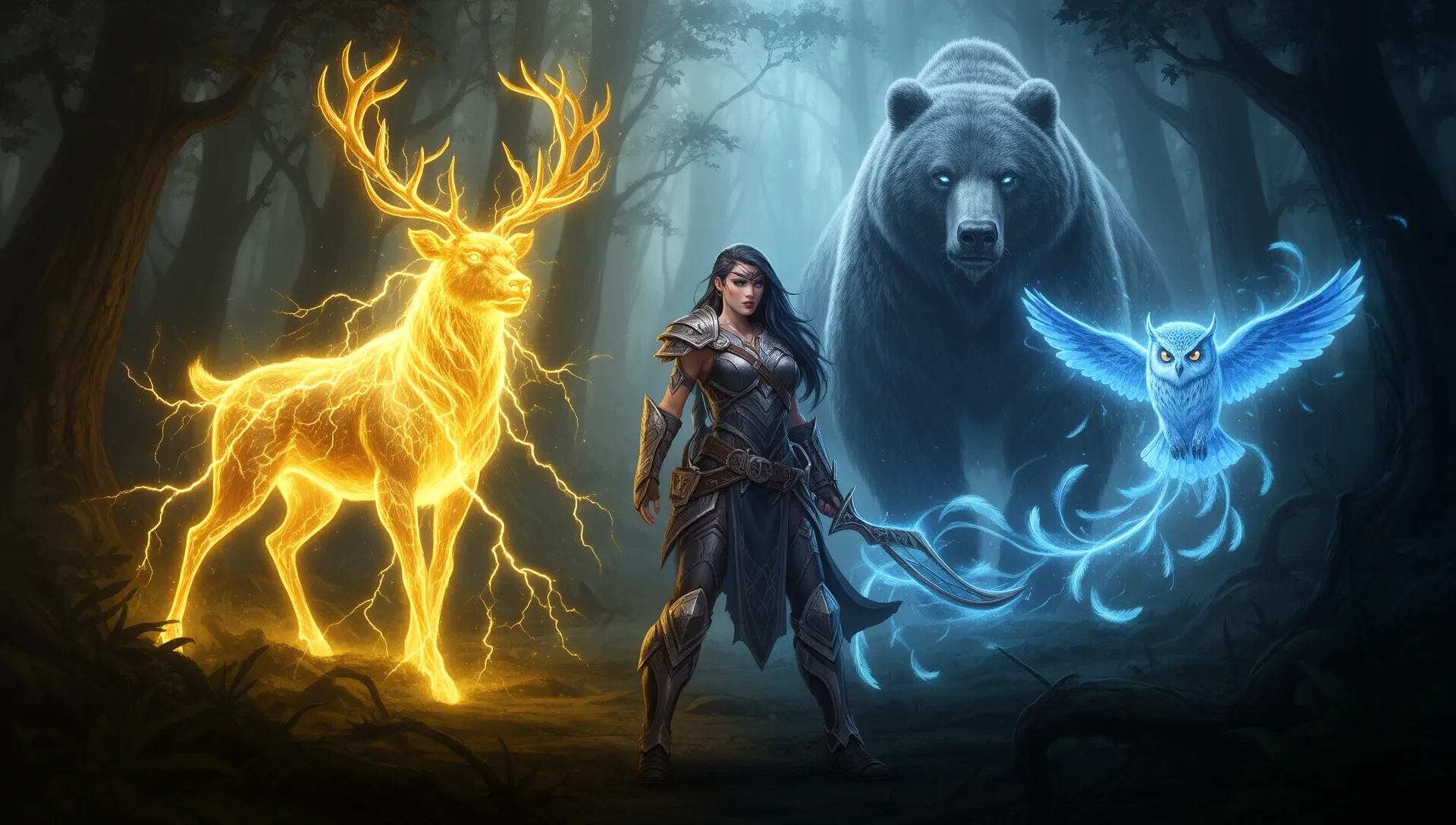 PoE2 Huntress Spirit Walker with Stag, Owl, and Bear animal spirits in dark fantasy forest