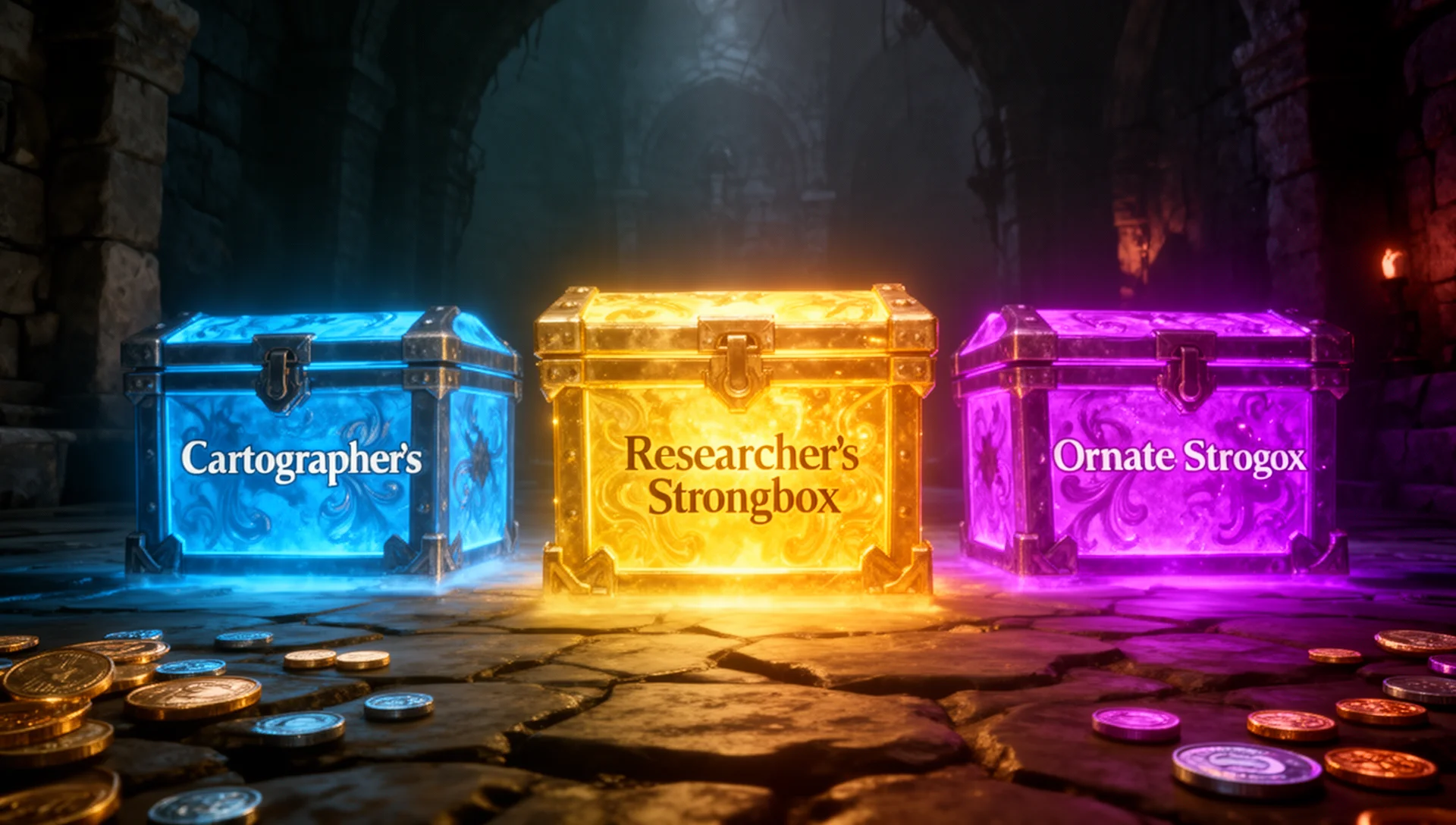 PoE2 strongbox types comparison — Researcher's Cartographer's and Ornate strongboxes side by side
