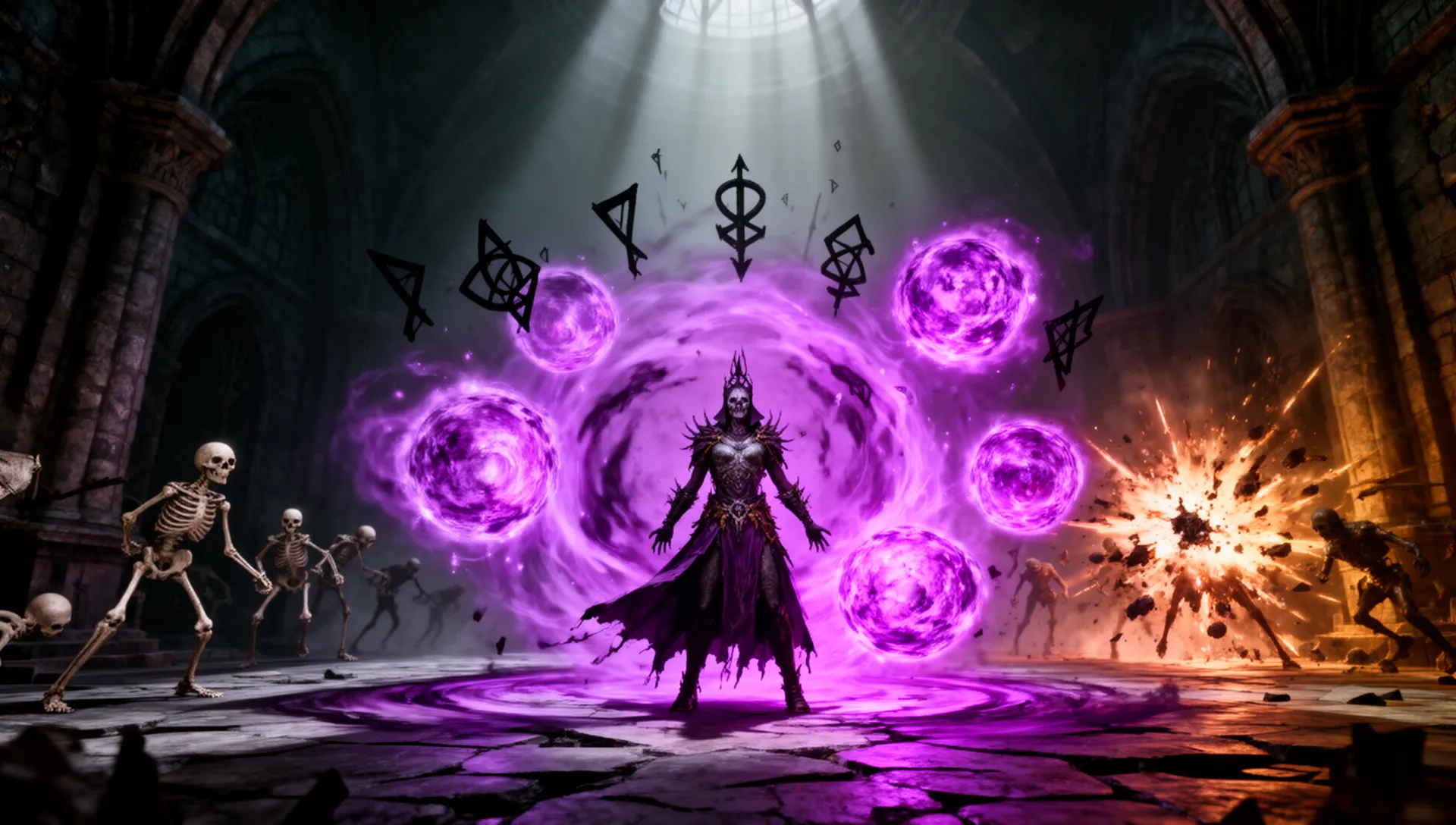PoE2 Lich Witch surrounded by chaos energy with cursed enemies exploding