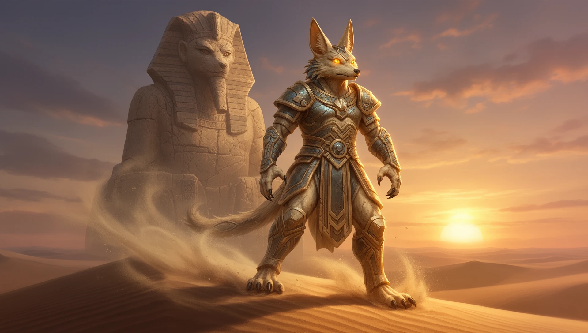 Palworld Anubis Pal standing in the desert with its boss statue in the background