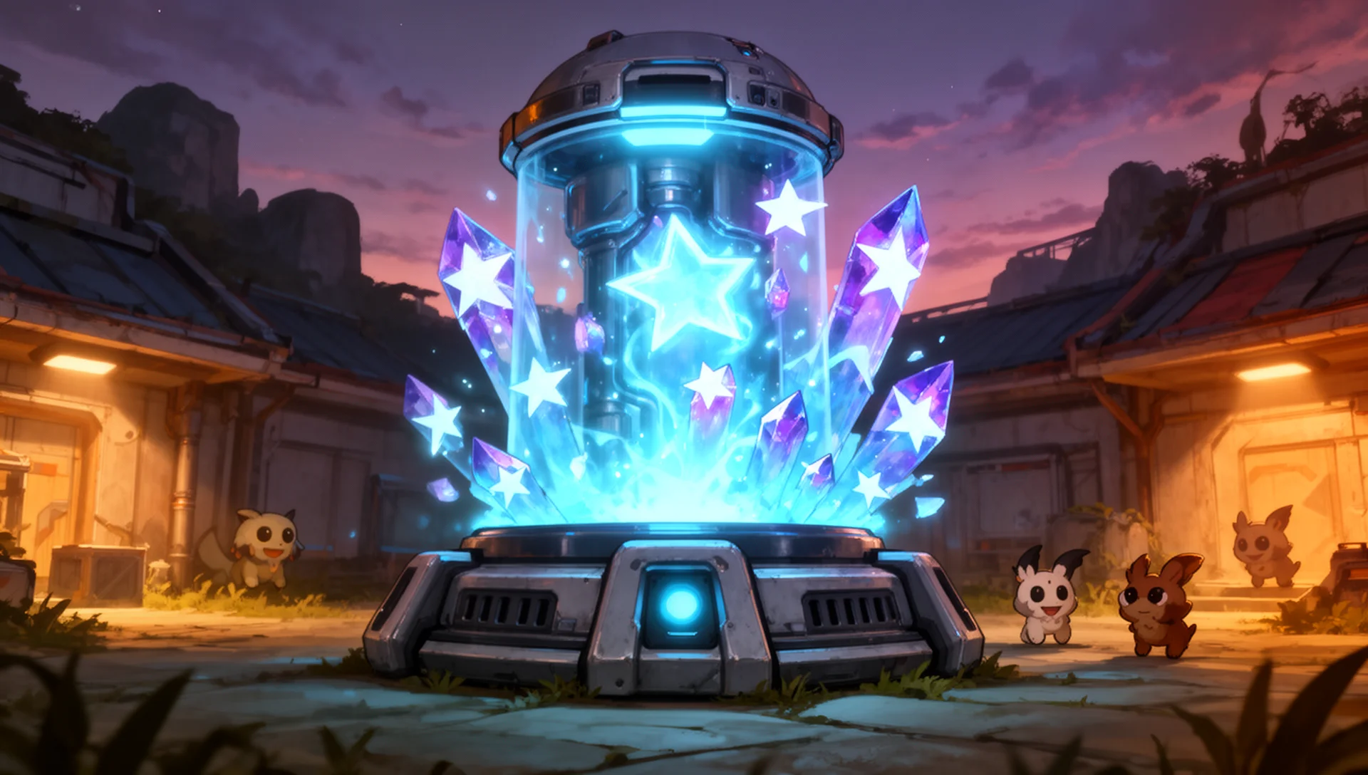 Palworld Pal Essence Condenser glowing with star energy in a base at dusk