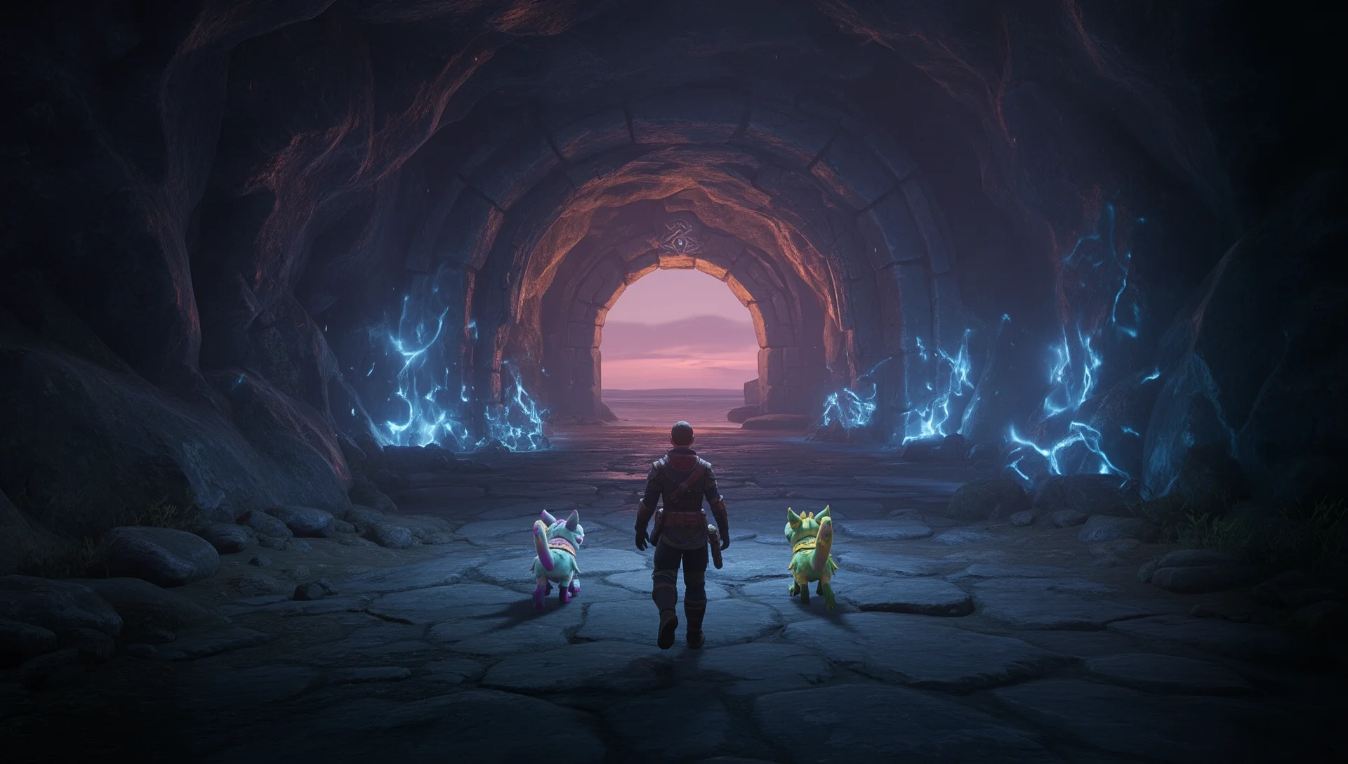 Palworld dungeon entrance portal with glowing energy, hero shot for a dungeon farming guide