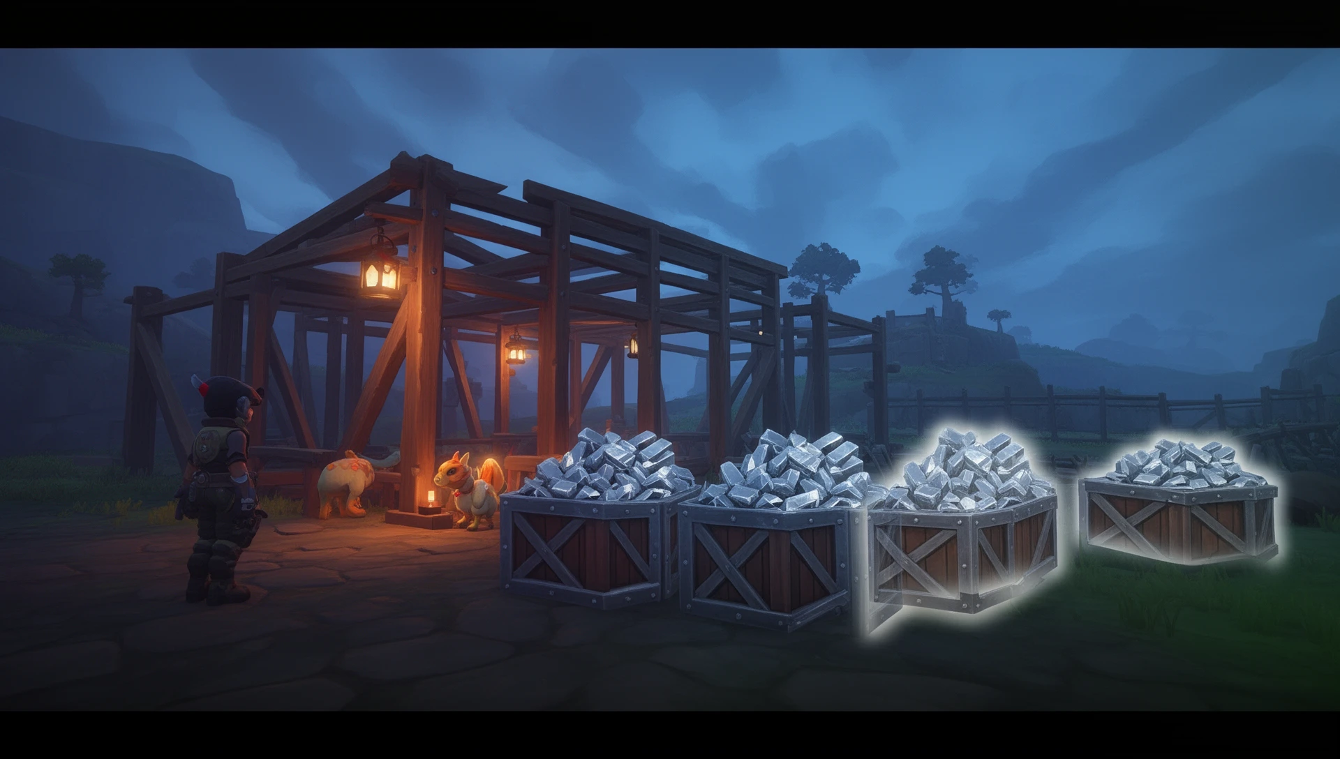 Palworld base at dusk with a player, worker Pals, and stacked material crates showing a duplicated ghost-outline effect, illustrating the item duplication glitch guide