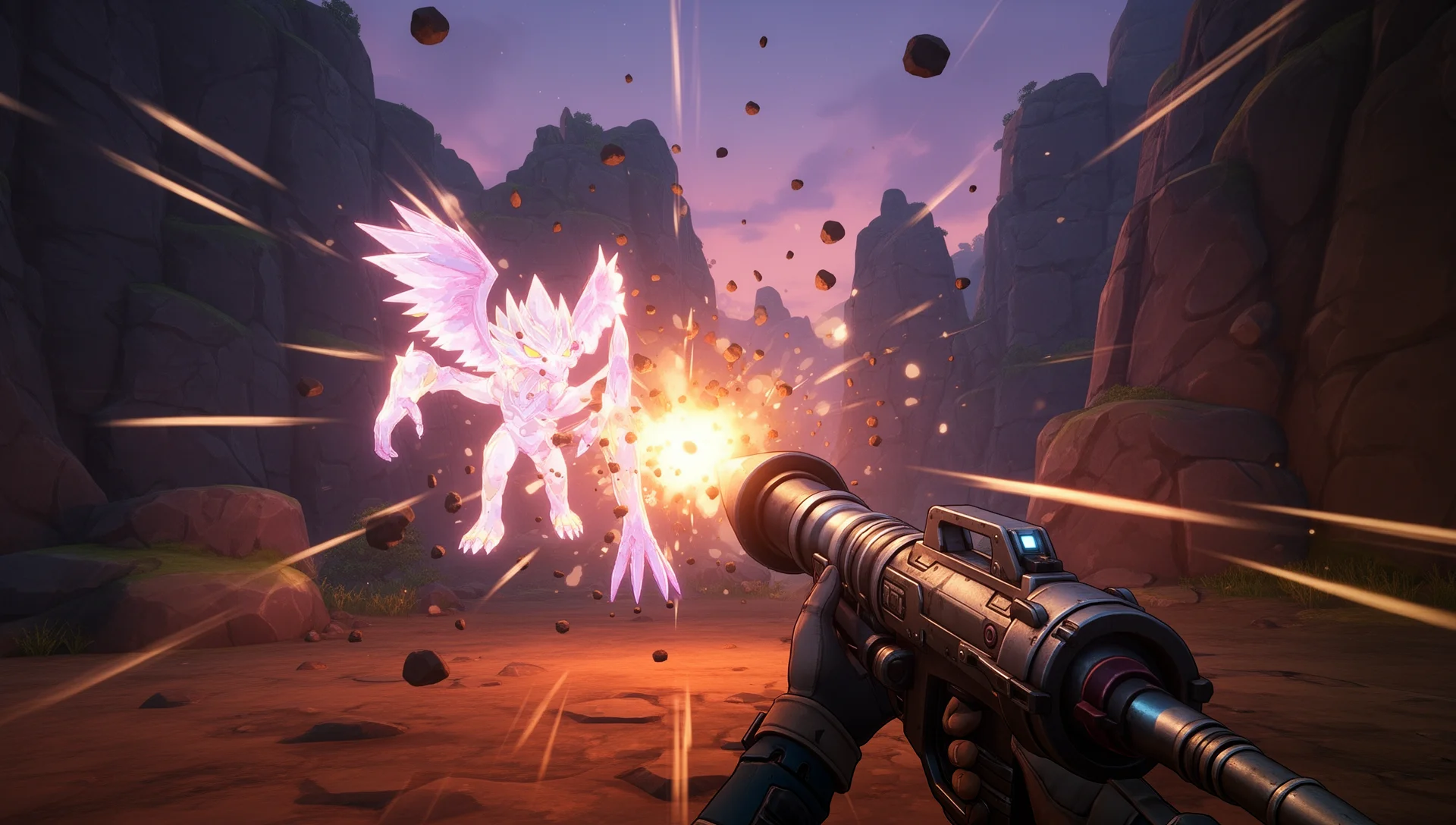 Player aiming a rocket launcher at an alpha Pal in Palworld, illustrating the weapons guide