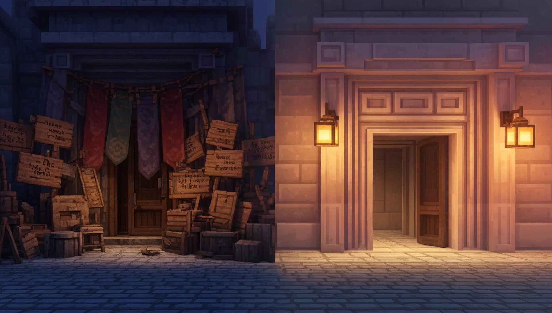Two contrasting storefront doorways in blocky Minecraft art style, one cluttered and one minimal, representing CurseForge and Modrinth