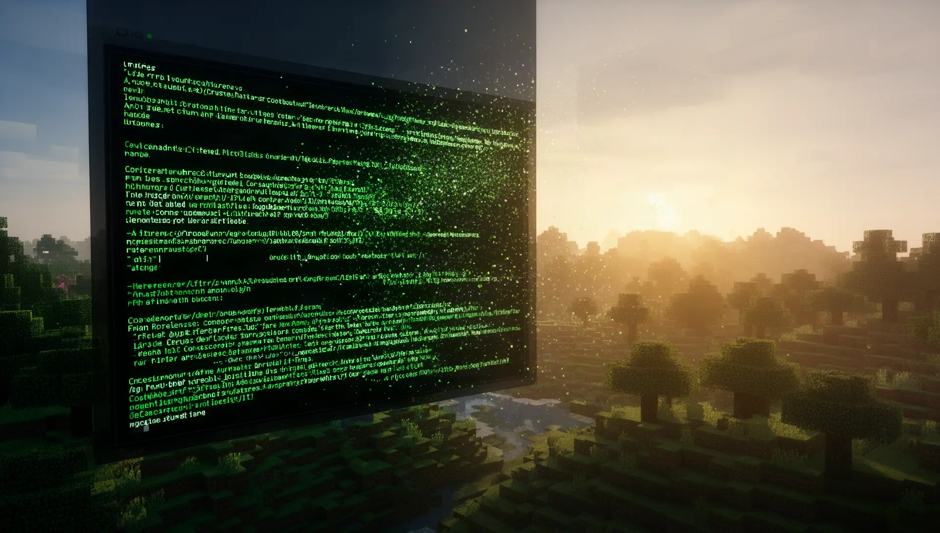 Terminal window of JVM command flags floating above a Minecraft landscape