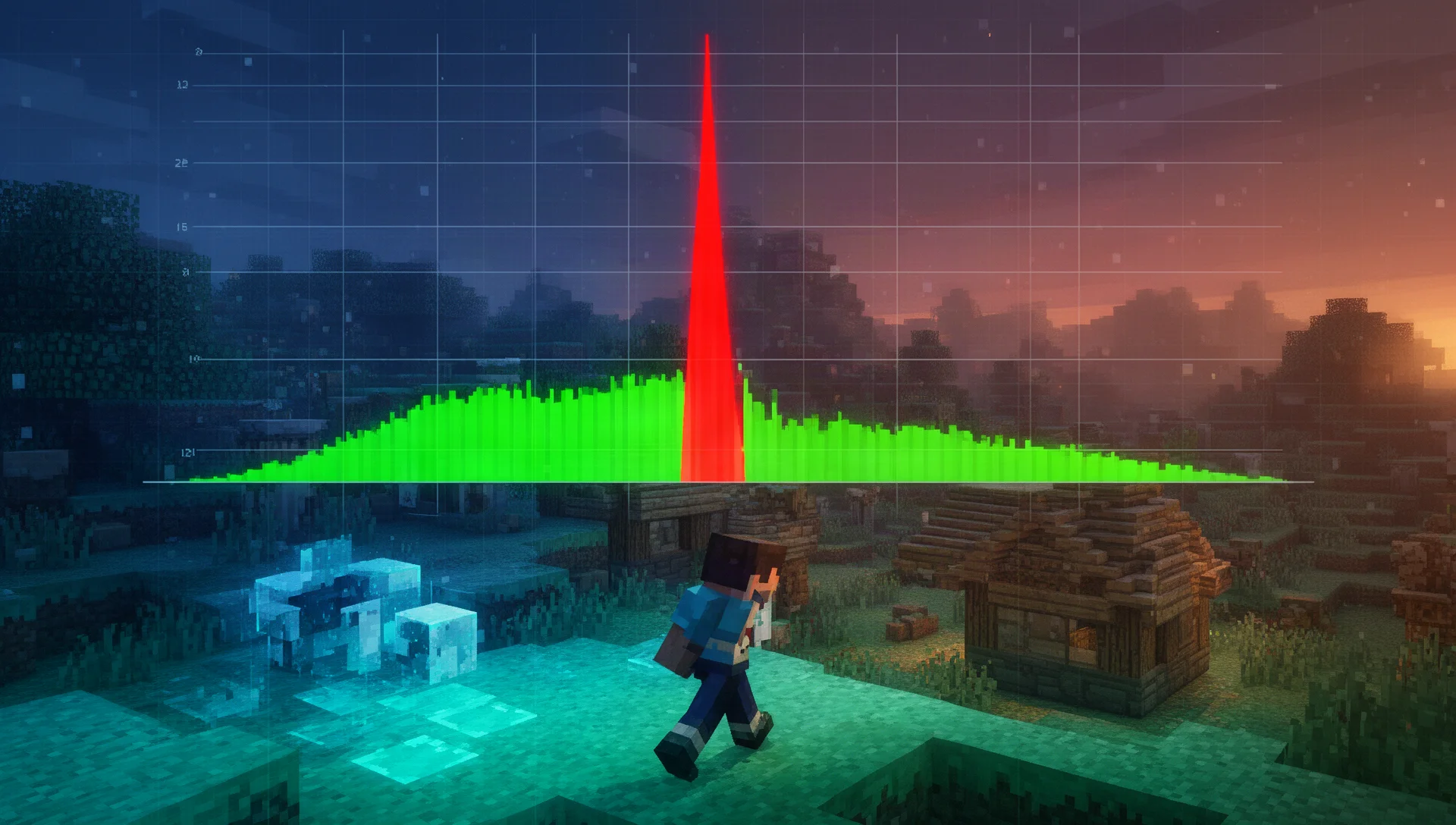 Frametime graph with one sharp spike over a frozen Minecraft scene