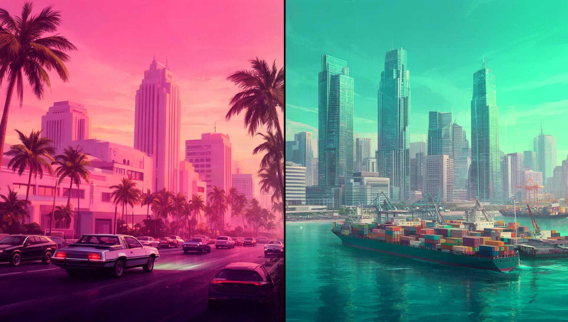 Split concept image comparing the original 1980s-style Vice City skyline to a denser modern reimagining