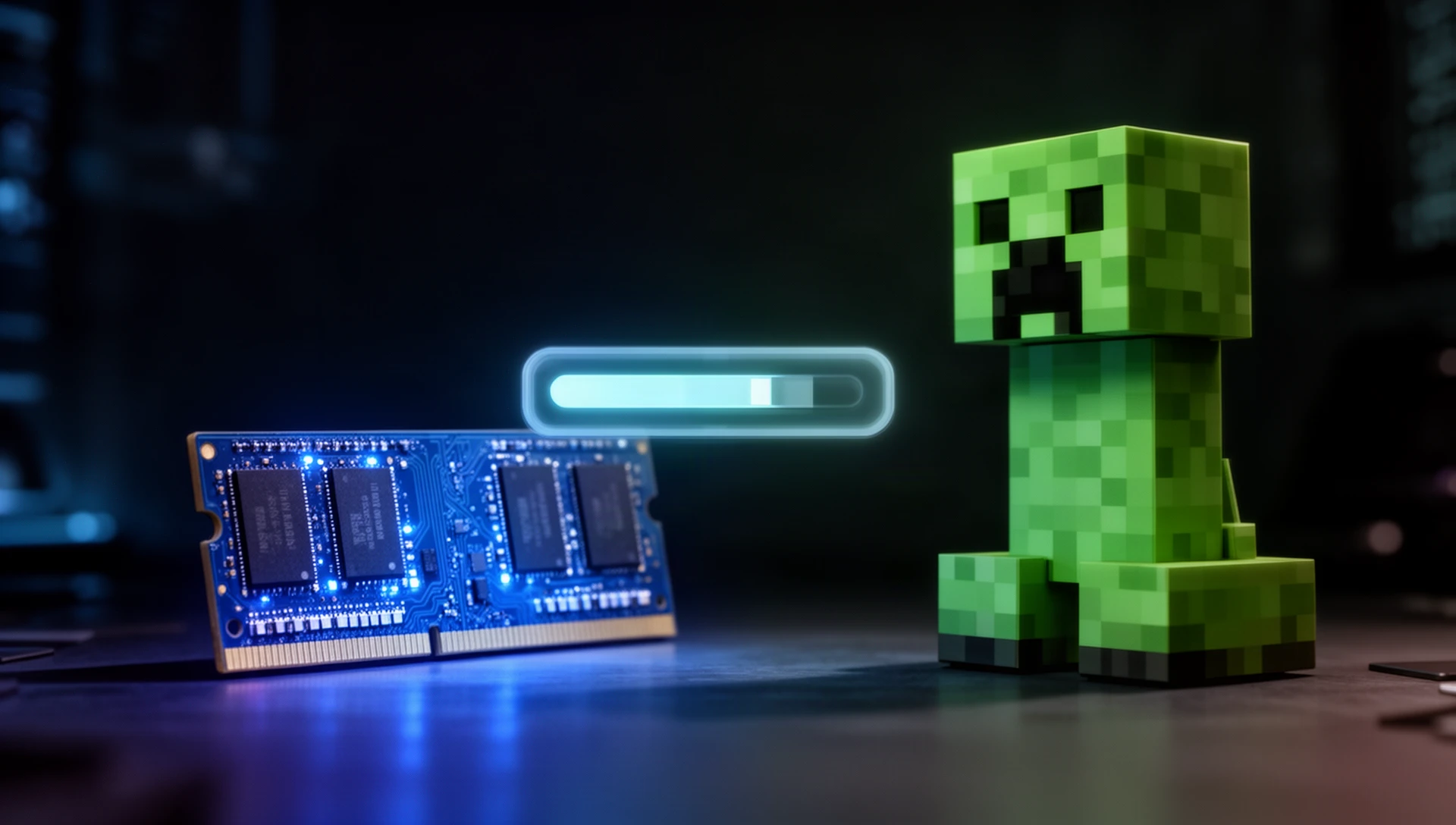 RAM stick beside a blocky Minecraft creeper with a holographic allocation slider between them