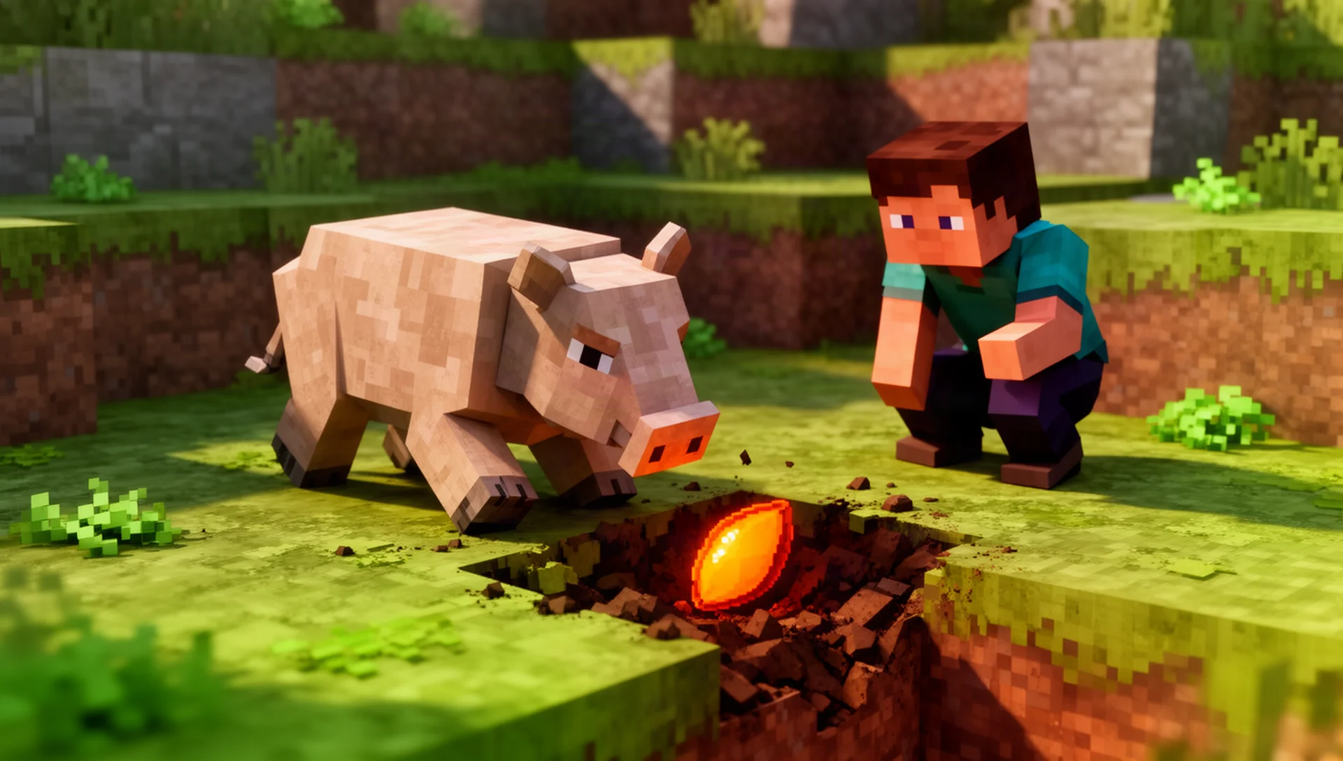 A Minecraft sniffer digging up an ancient seed on mossy ground while a player watches nearby