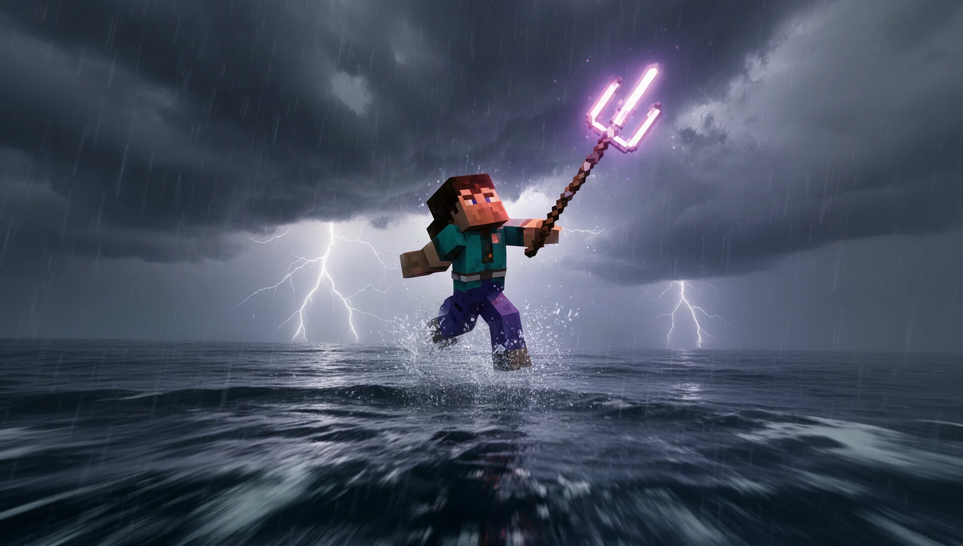 Minecraft player launched through the air by a Riptide-enchanted trident during a thunderstorm over open water