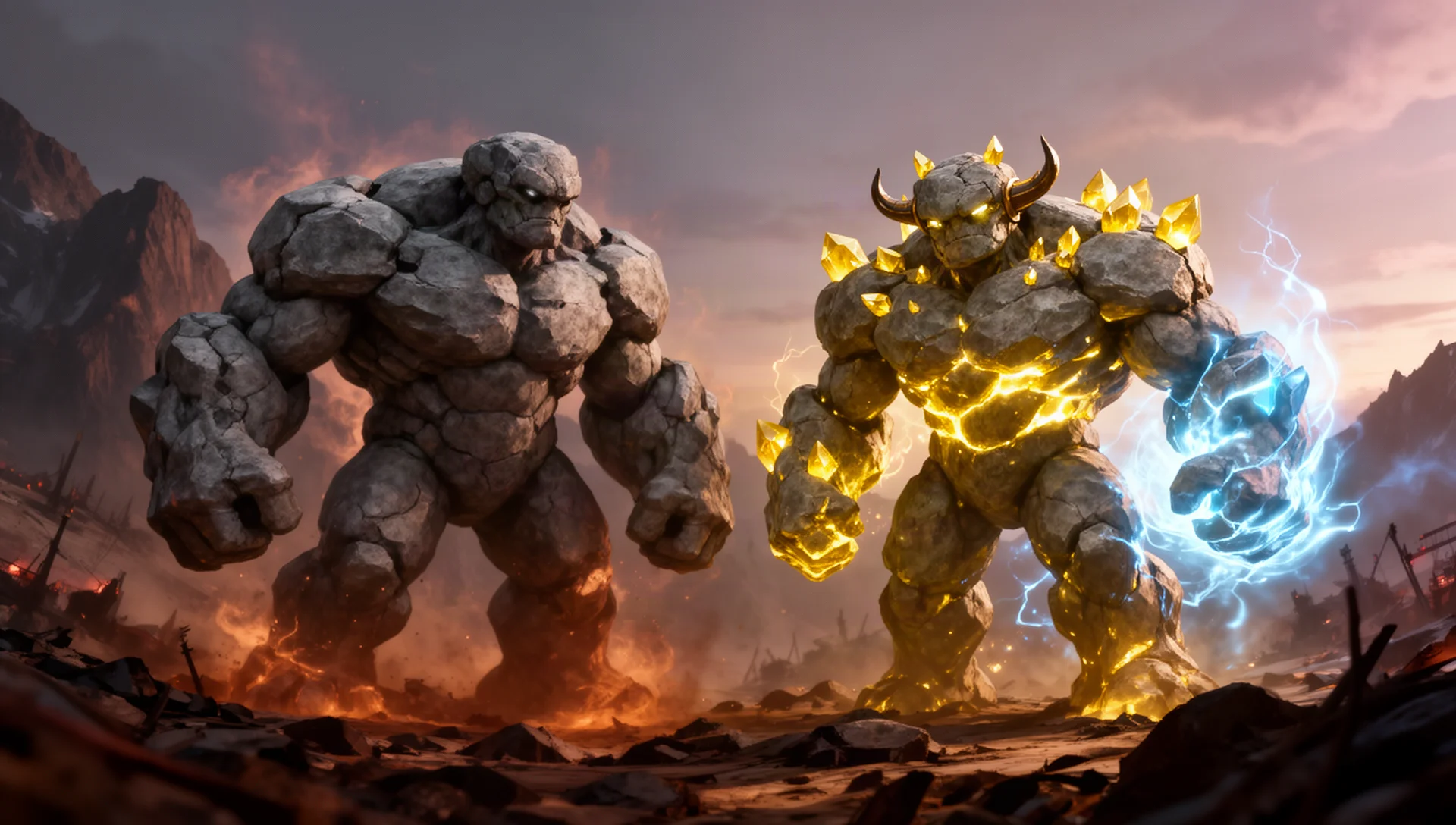 Two boulder-like rock creatures standing side by side, one with gray stone highlights and one with golden electric highlights