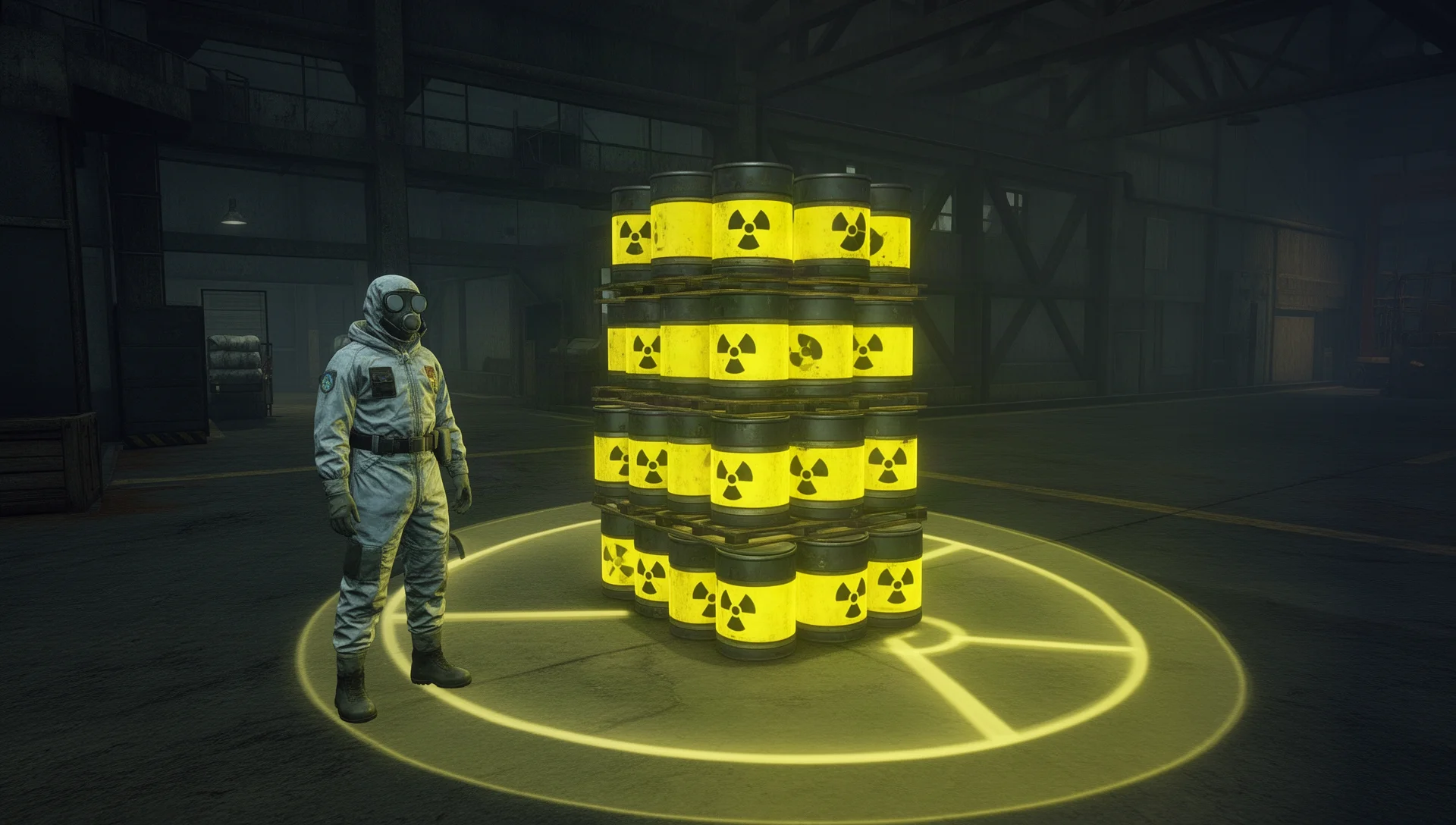 Hazmat-suited pioneer standing beside stacked uranium waste with a visualized radiation radius