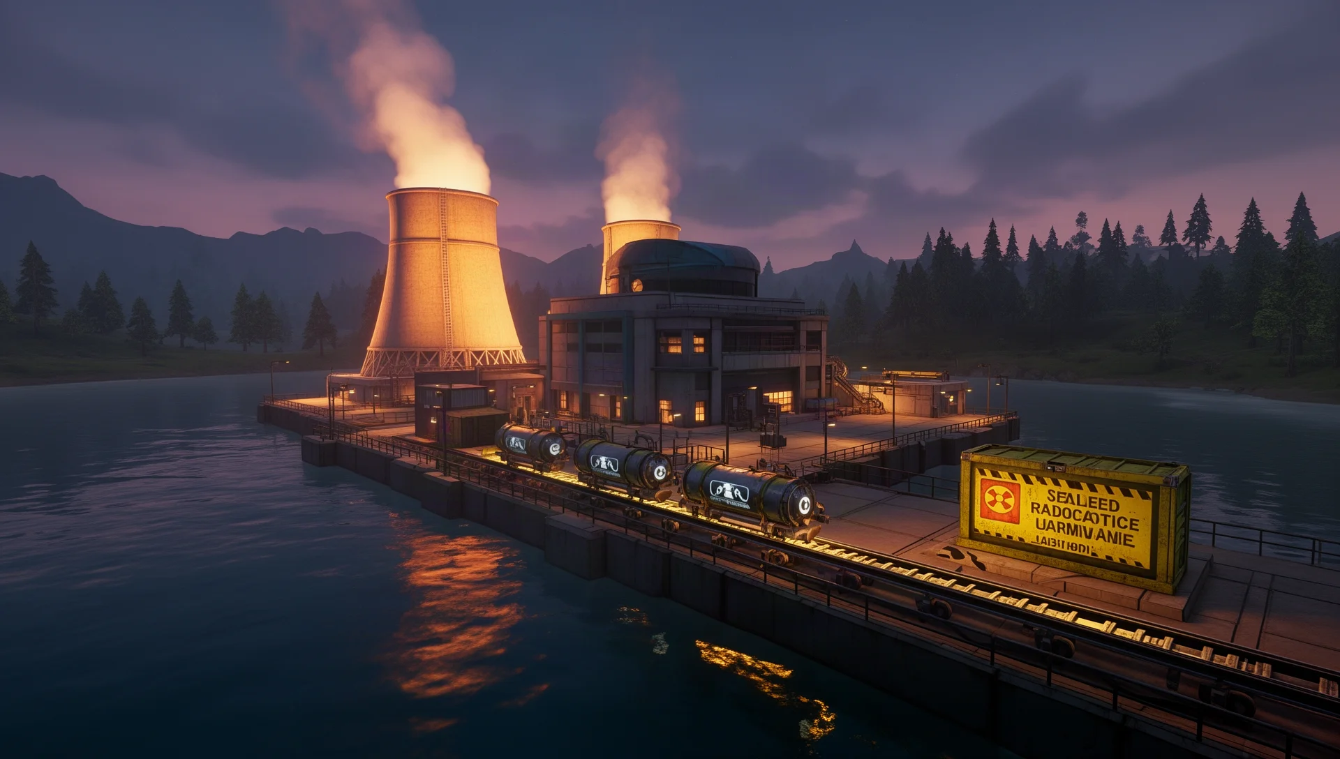 Satisfactory nuclear power plant on a lake platform with cooling towers, a uranium fuel rod belt, and a sealed waste storage container