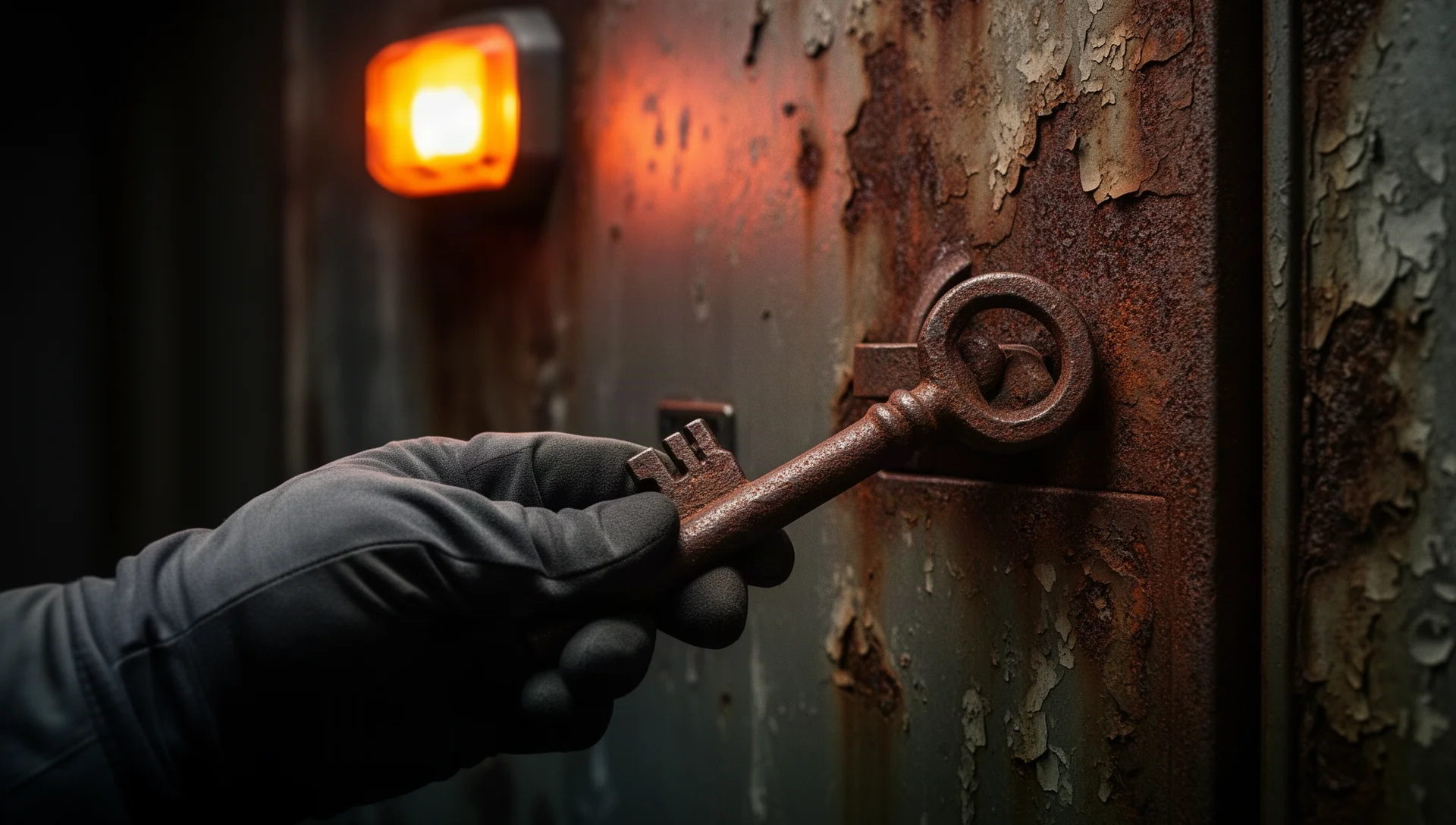Close-up of a rusted key and corroded steel door in the STALKER 2 X-18 lab
