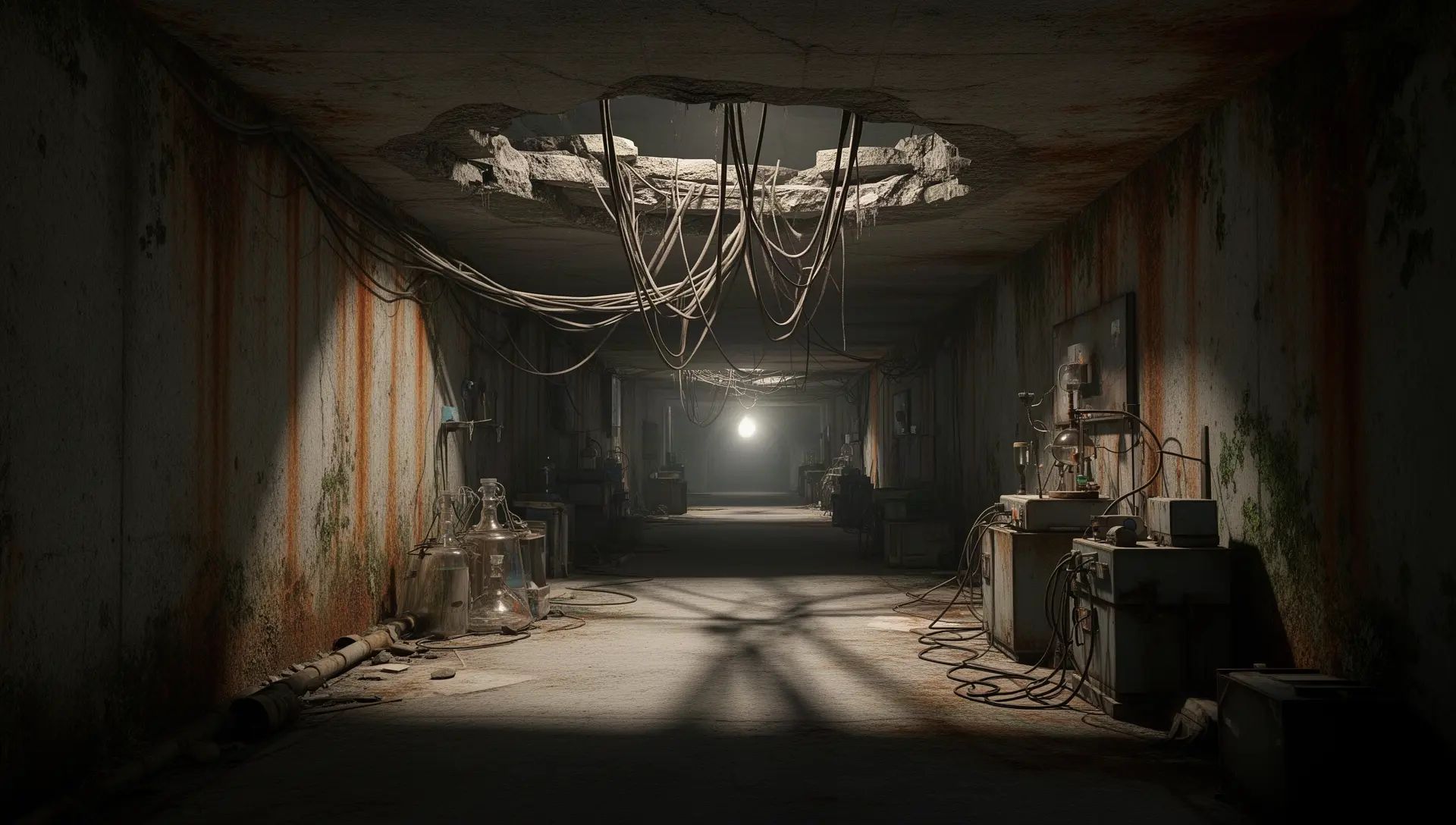 Wide view of a collapsed underground laboratory corridor in STALKER 2's X-18 lab
